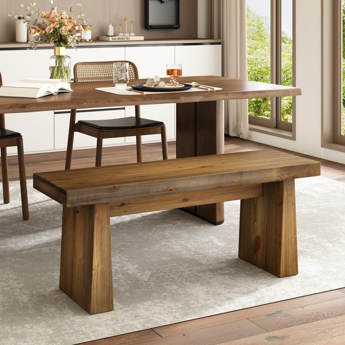 Wnutress 43" Farmhouse Solid Wood Benches Indoor with Wide Angled Legs, Rustic Long Entryway Bench Seat for Dining Table, Kitchen, End of Bed, Living Room, Hallway, Handcrafted Finish, Natural