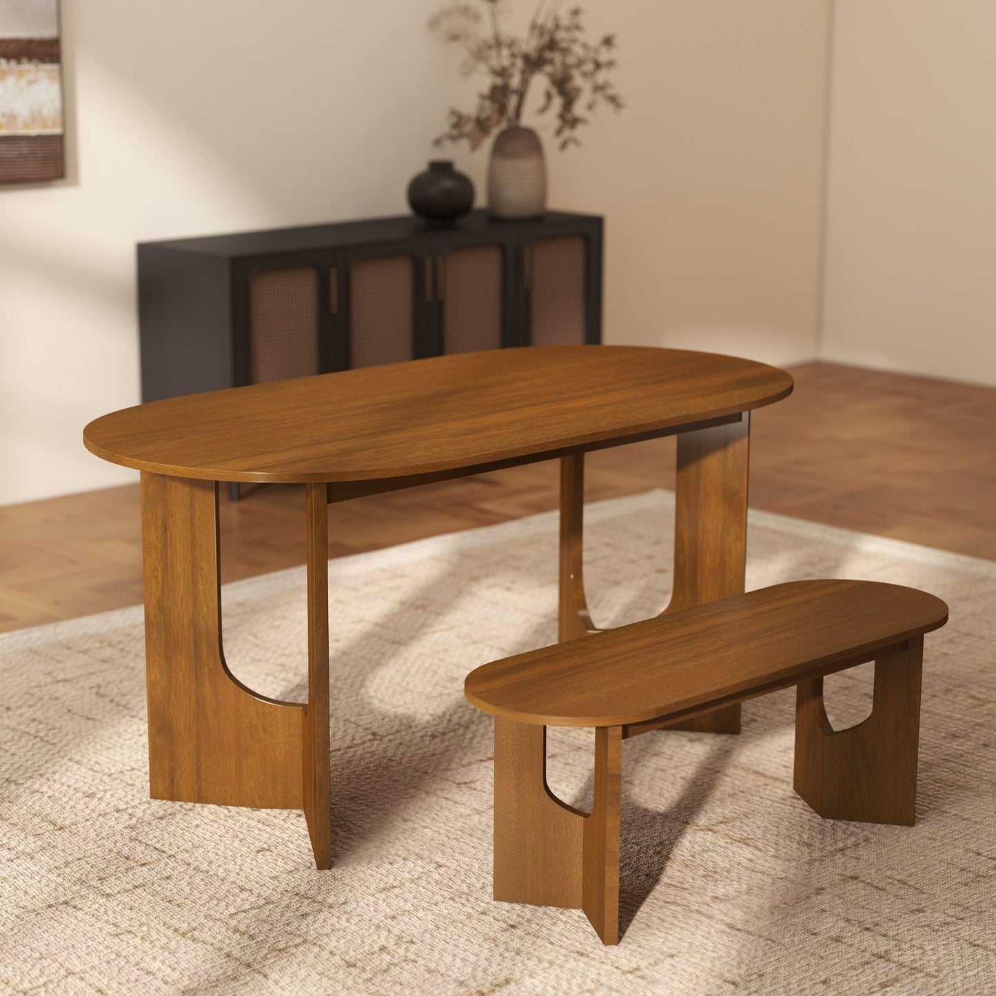 Wooden Dining Bench, 47-Inch Long Kitchen Bench, Mid Century Modern Entryway Bench for Dining Room, Entryway, Living Room, Hallway, Easy to Assemble (Walnut)