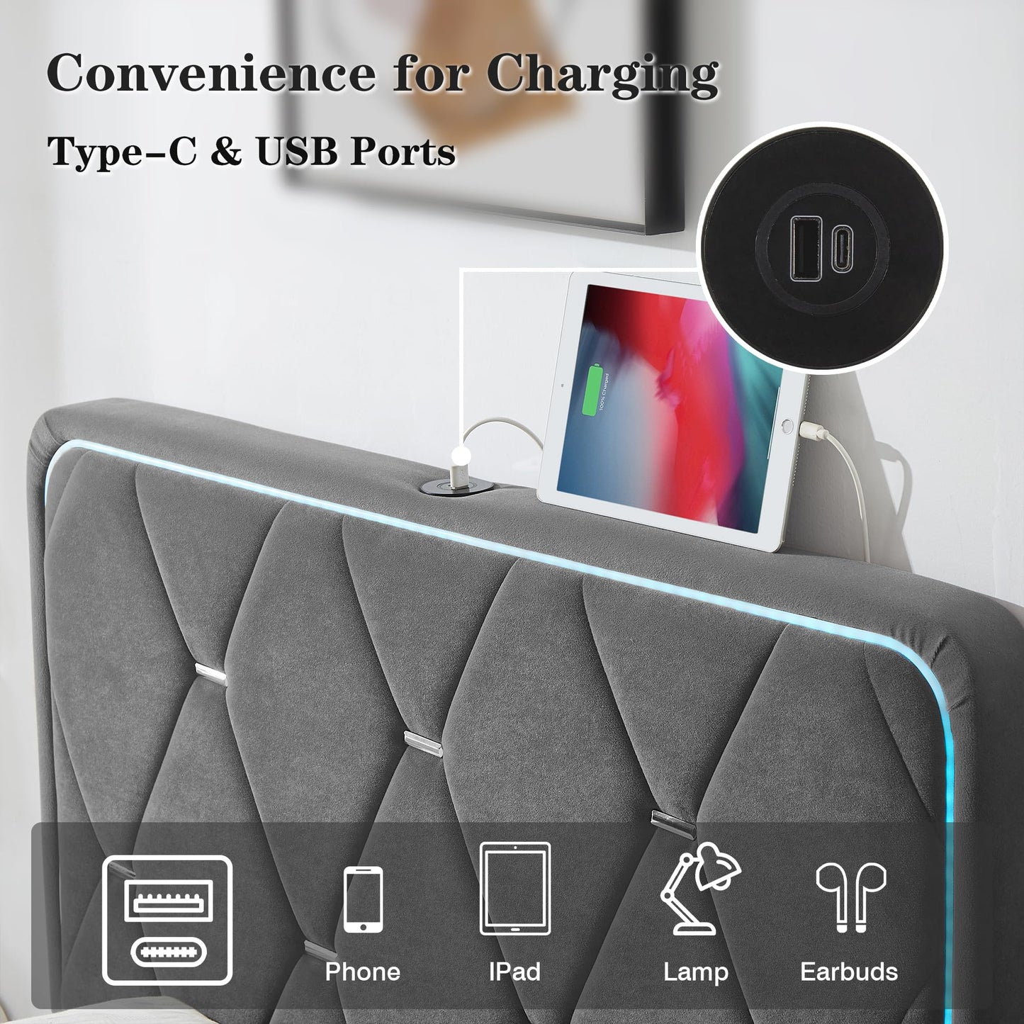 VECELO Upholstered Twin Bed Frame with Headboard Adjustable, Velvet Platform Bed with LED Lights, Charging Station, Mattress Foundation with Wooden Slats, Noise Free, No Box Spring Needed, Dark Grey