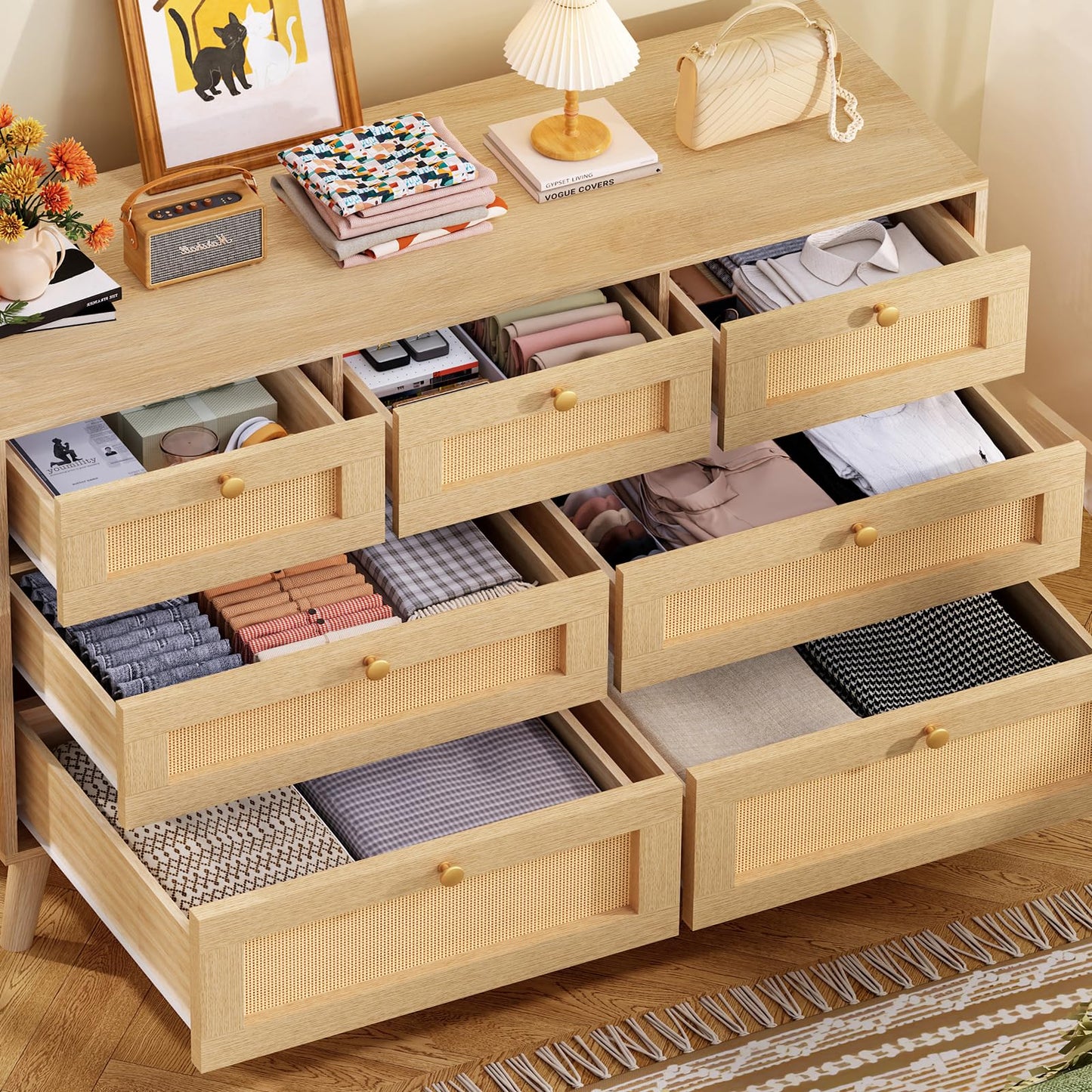 TEENFON 47.2''Wide 7 Drawer Rattan Dresser, Boho Dresser for Bedroom, Chest of Drawers, Closet Organizer, Natural Wood Dressers Chest for Bedroom, Living Room, Entryway, Natural
