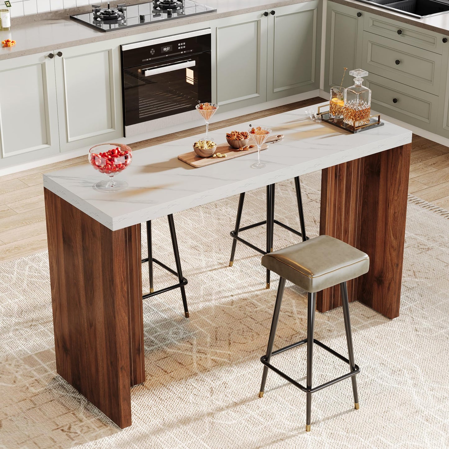 Tribesigns Home Bar Unit, 55.12-Inch Bar Table with a Faux Marble Finished Tabletop, Modern Freestanding Mini Bar for Home Kitchen, Living Room, Balcony, Basement, Walnut & White