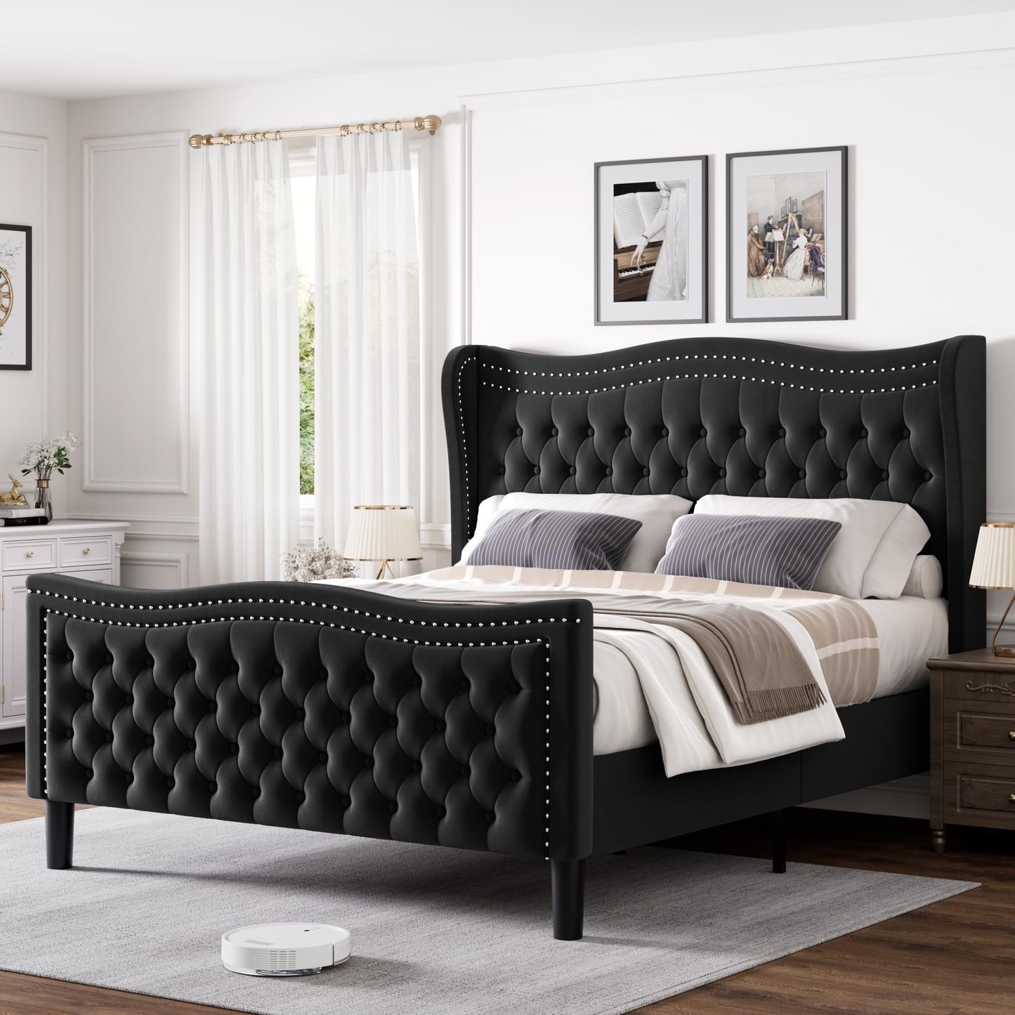 VINTLJUS Queen Bed Frame with Tall Headboard & Footboard, Velvet Upholstered Platform Bed Frame with Deep Button Tufted Wingback, No Box Spring Needed, Noise Free, Black