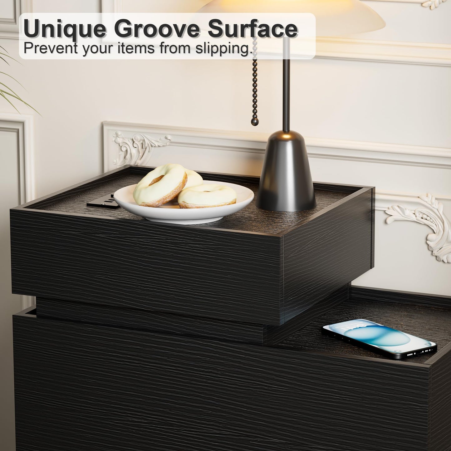 UEV End Table with Charging Station,Narrow Side Table for Living Room,Nightstand with Drawers and Storage,Sofa Side Table with USB Ports and Power Outlets for Living Room and Bedroom,Black and Brown