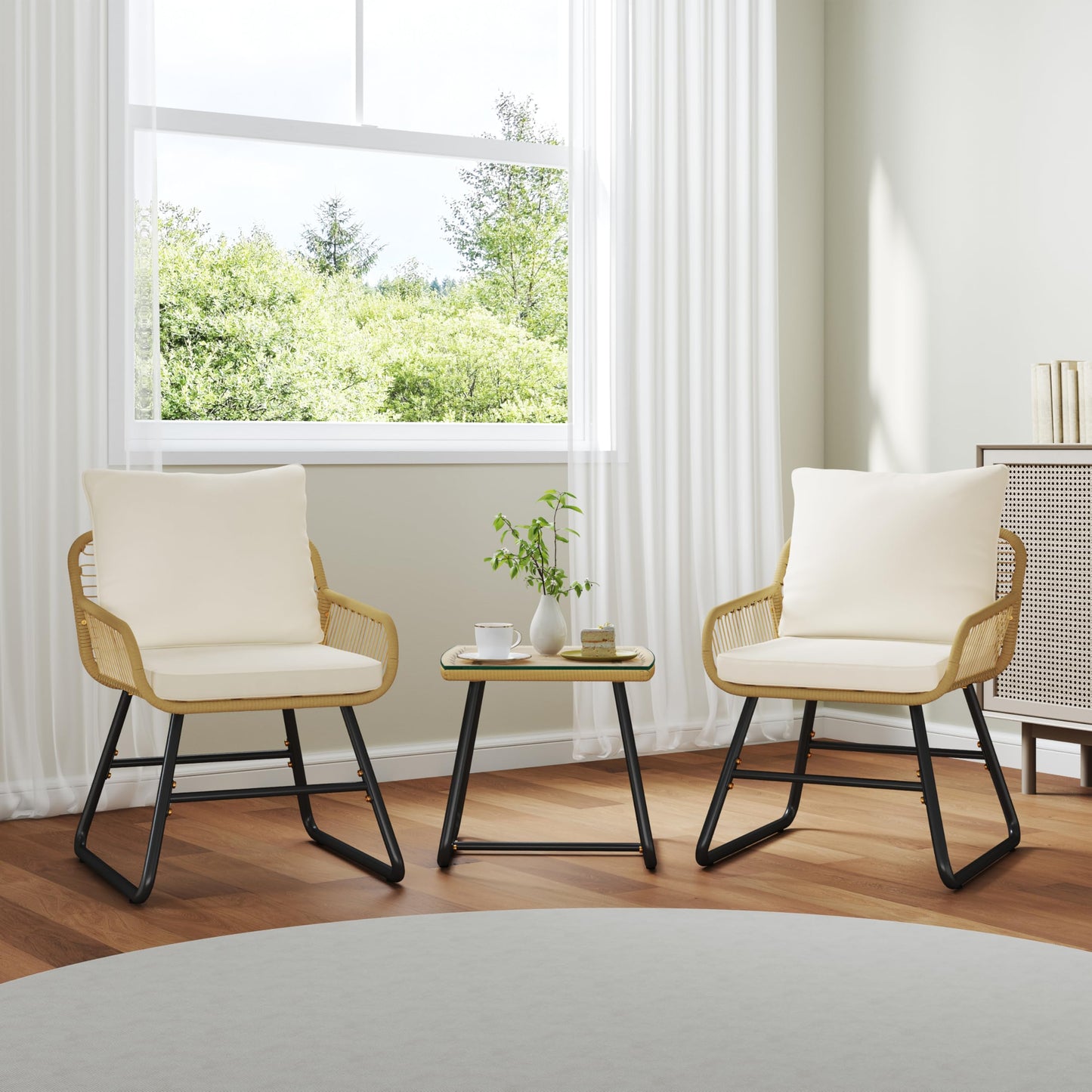 Yaheetech 3 Piece Patio Bistro Set Outdoor Wicker Bistro Furniture Sets, 2 Rattan Chairs and Glass Top Table for Patio, Balcony, Porch, Poolside, Backyard - Tan/Cream