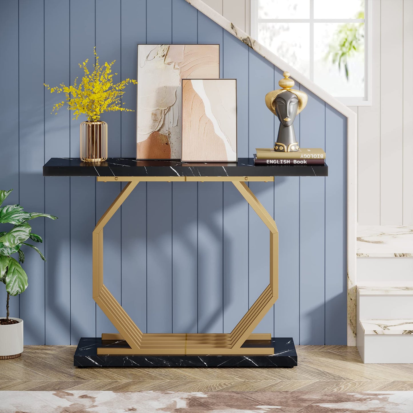 Tribesigns Gold Console Table, Faux Marble Entryway Table Narrow Sofa Table with Geometric Metal Base, 40 Inch Modern Accent Table Entrance Table for Living Room, Hallway, Foyer, Black