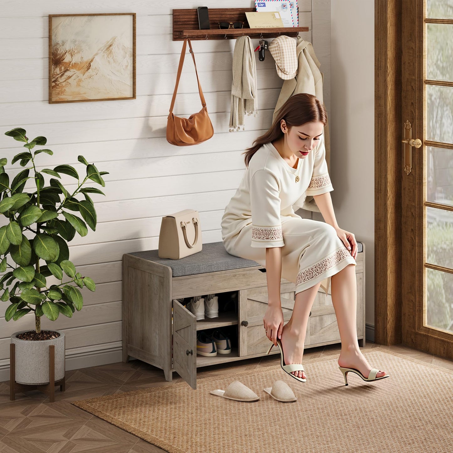 Xdwwhome Shoes Bench with Cushion, Storage Bench, Entryway Bench with Lift Top Storage, 43.3" Wooden End of Bed Bench, Shoe Bench Cabinet for Living Room Bedroom Hallway Garden, 330 lbs, Light Grey