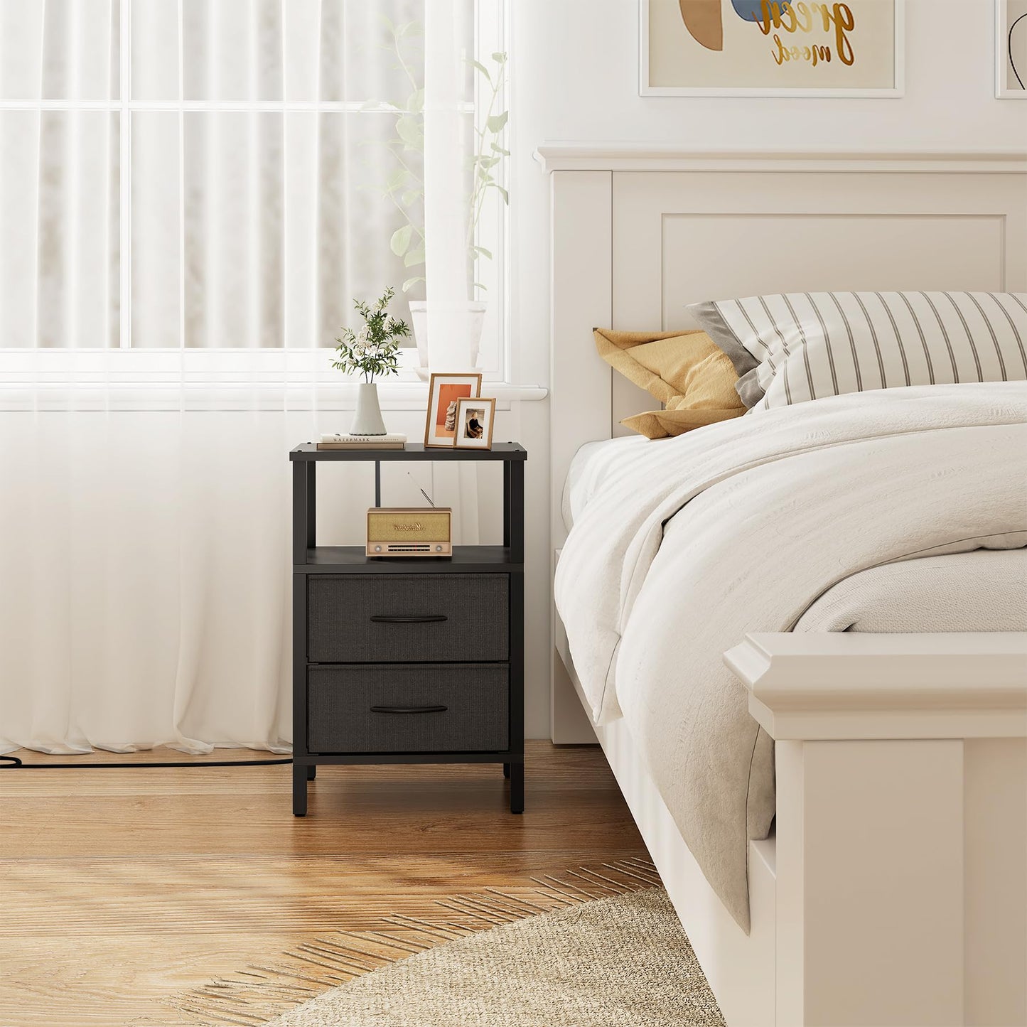 TUTOTAK End Table with Charging Station, Side Table with 2 USB Ports and Outlets, Nightstand with Cloth Drawer, Set of 2, Couch Table, Black TB01BK067