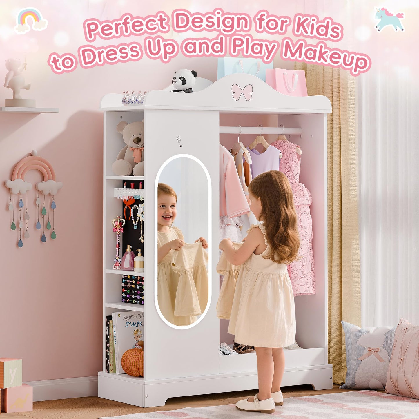 Xilingol Kids Armoire with a Jewelry Cabinet, Princess Dress Up Closet with Mirror, Kids Wardrobe Closet with Storage Shelves, Armoire Costume Organizer for Bedroom, Kids Room, Girl (White)