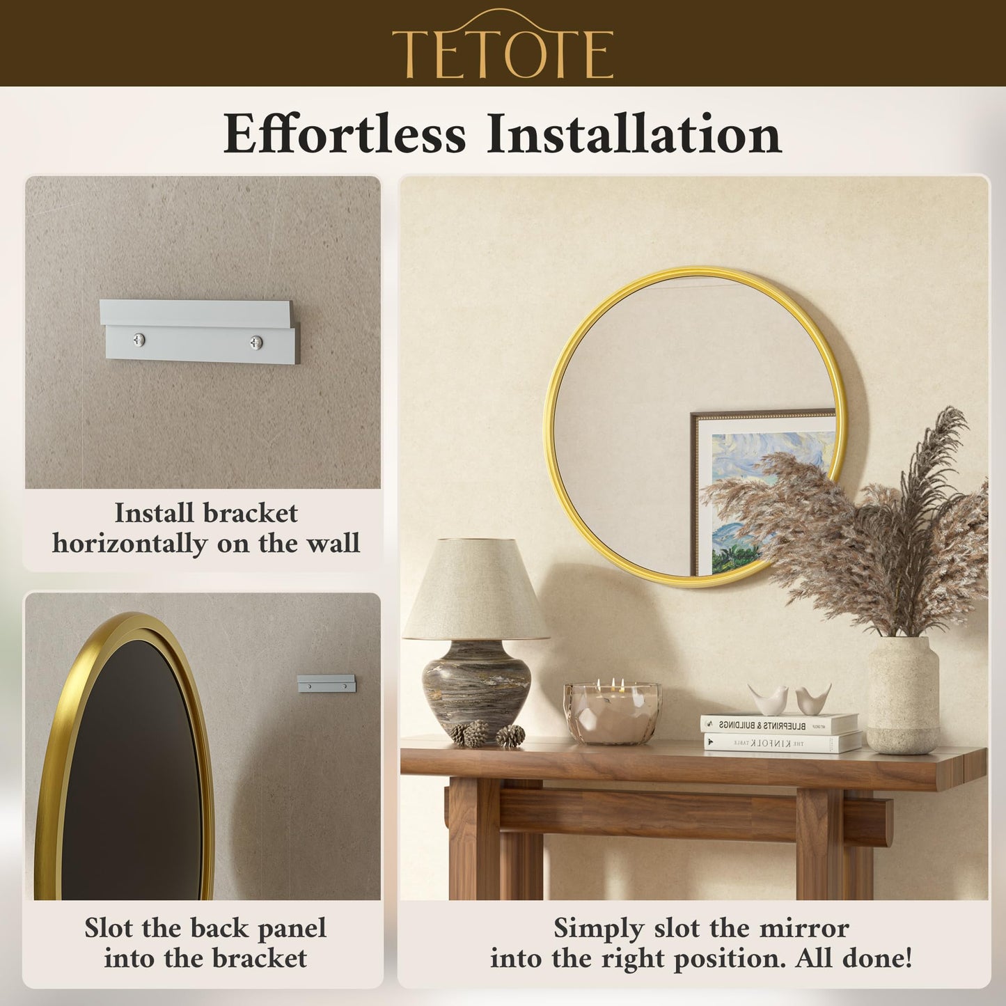 TETOTE Round Mirror 24 inch Brushed Gold Circle Mirror Metal Frame for Bathroom Vanity, Living Room, Bedroom, Vanity, Entryway