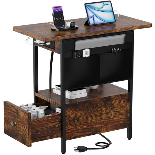 Yenlure Small Side Table with Charging Station, Narrow Nightstand Bedside Tables with Storage Pocket for Living Room Bedroom, Sofa End Table with USB Ports and Power Outlets for Small Spaces