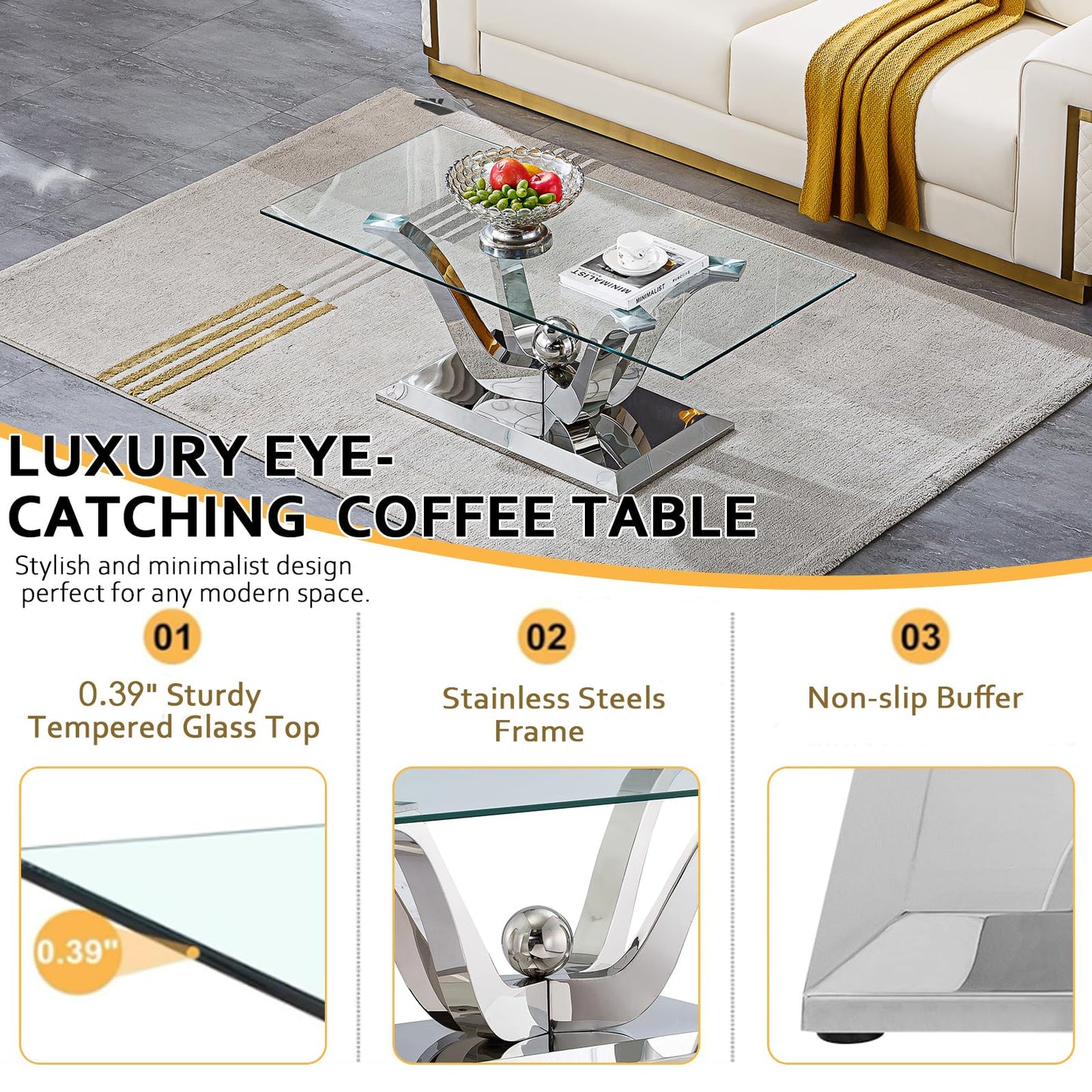 47" Glass Coffee Table, Modern Silver Cofee Table Living Room Table with Gorgeous Mirrored Stainless Steel Base,Luxury Rectangular Center Coffee Tables for Living Room,Apartment,Office