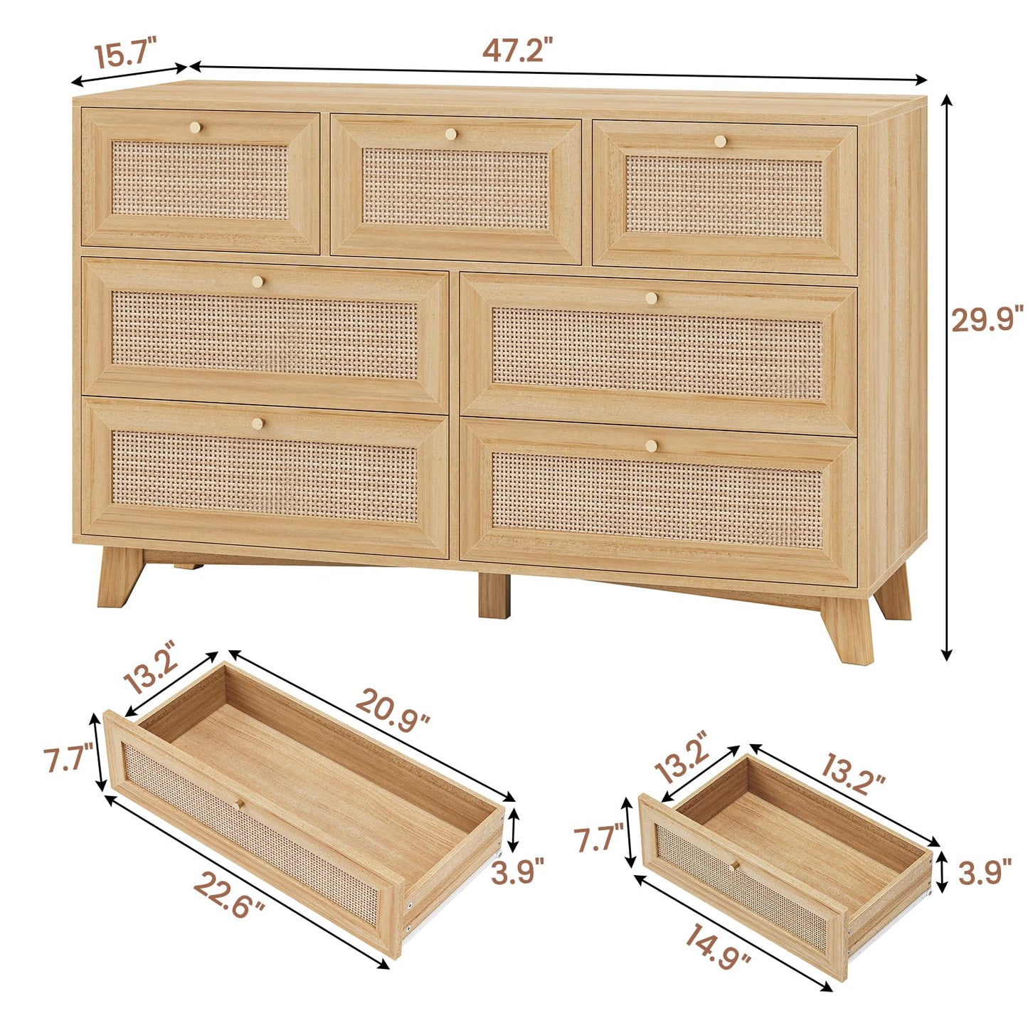VIAGDO Rattan Dresser for Bedroom, 7 Drawer Dresser with Natural Rattan Drawers, Wooden Wide Cabinet with Gold Handles, Modern Closet Storage Chest of Drawers for Nursery Entryway Living Room