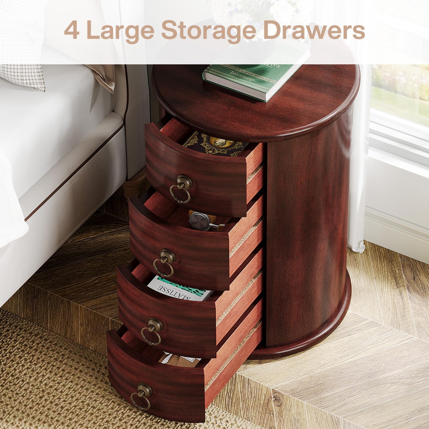 Tribesigns Solid Wood Nightstand, Round Night Stand with 4 Drawers, Rustic Bedside Table Tall Nightstand for Bedroom, Living Room, No Assembly Required (1)