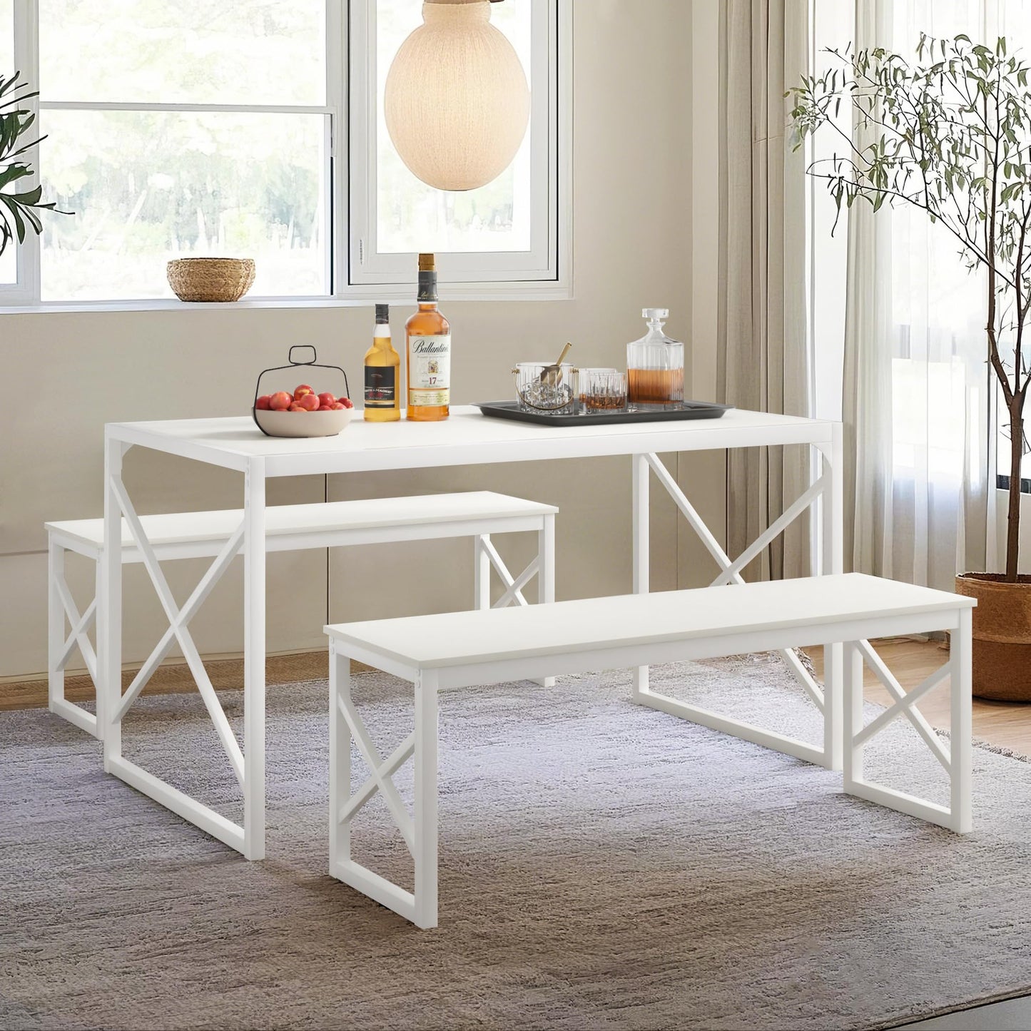 VECELO Kitchen Dining Table Set for 4, 55" Wood Rectangle Dinette with 2 Benches, Heavy-Duty Metal Frame for Small Space, Breakfast Nook, White