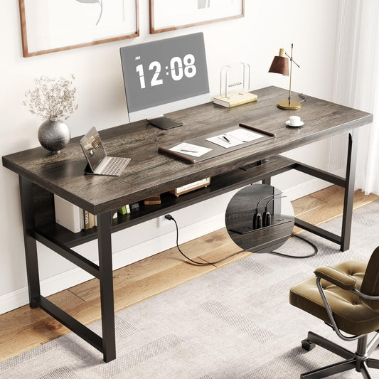 Unikito 53 Inch Desk with Power Outlets and USB Ports, Computer Desk with 1.4 Inch Thicker Desktop, Heavy Duty Study Writing Table with Shelf, Work Gaming Desk for Home Office, Metal Frame, Black Oak