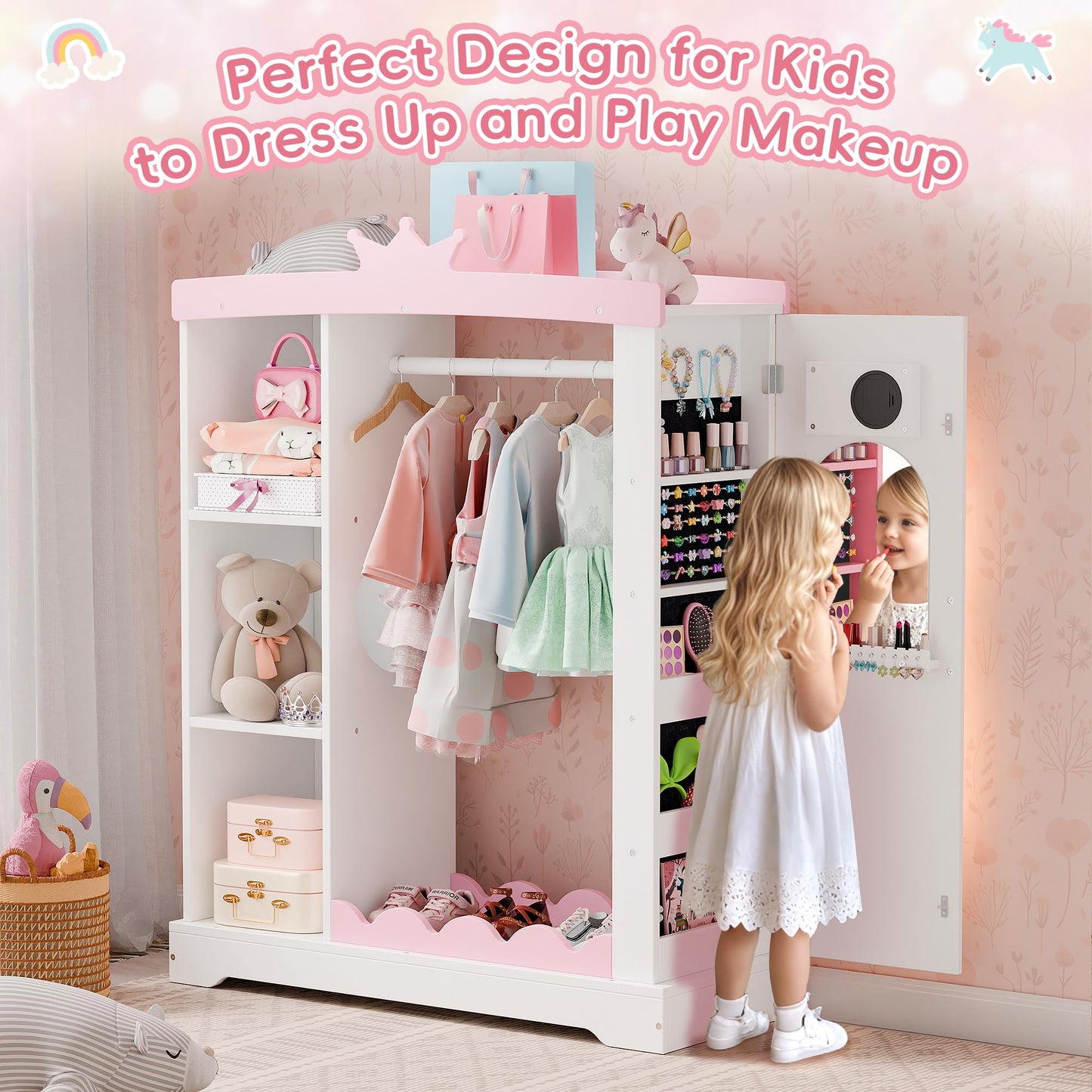 Xilingol Kids Armoire with Jewelry Cabinet, Dress up Storage with Mirror and Shelves, Princess Dress Closet and Costumes Wardrobe Closet, Costume Organizer for Bedroom, Kids Room, Girls (White)