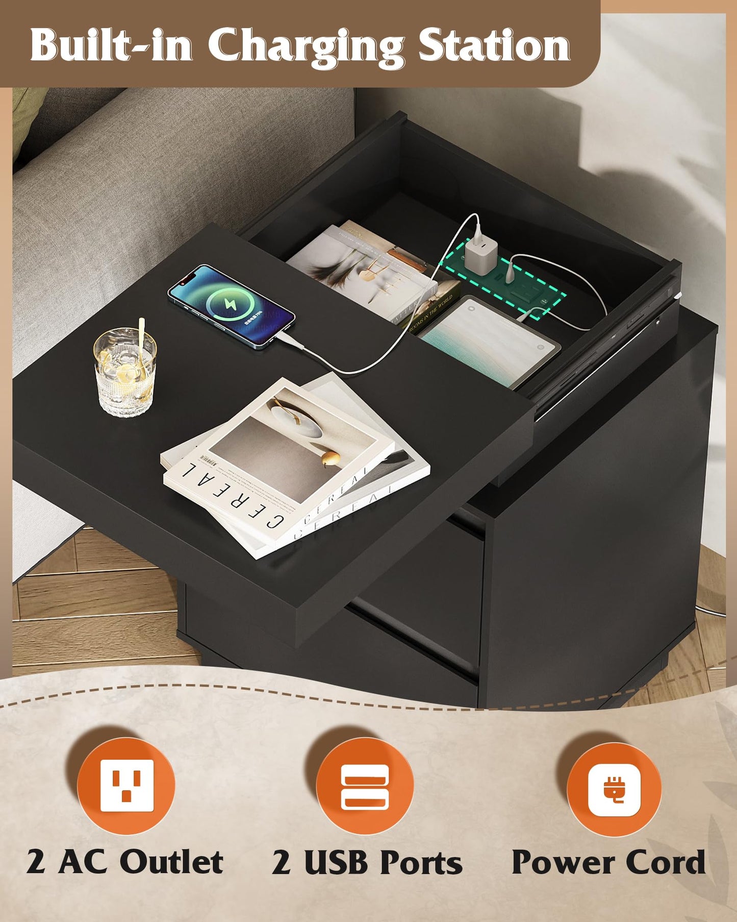 WLIVE Black Nightstand with Charging Station and LED Lights, Bedside Table with 2 Wooden Drawers and Sliding Top, Modern End Table Side Table for Bedroom, Living Room, Office