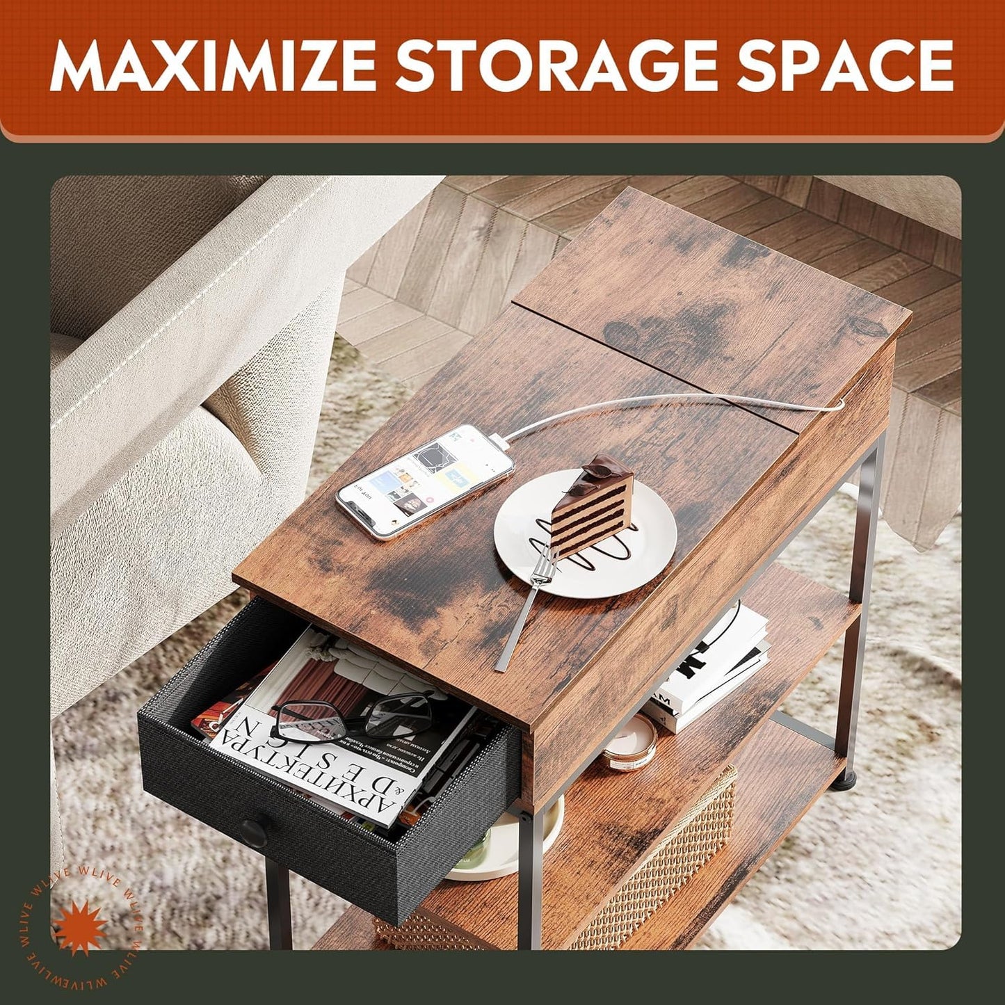 WLIVE Narrow Side Table with Charging Station, End Table for Living Room, Couch Side Table with Fabric Drawer for Bedroon, 11.8‘’W 23.6‘’L 24‘’H, Rustic Brown