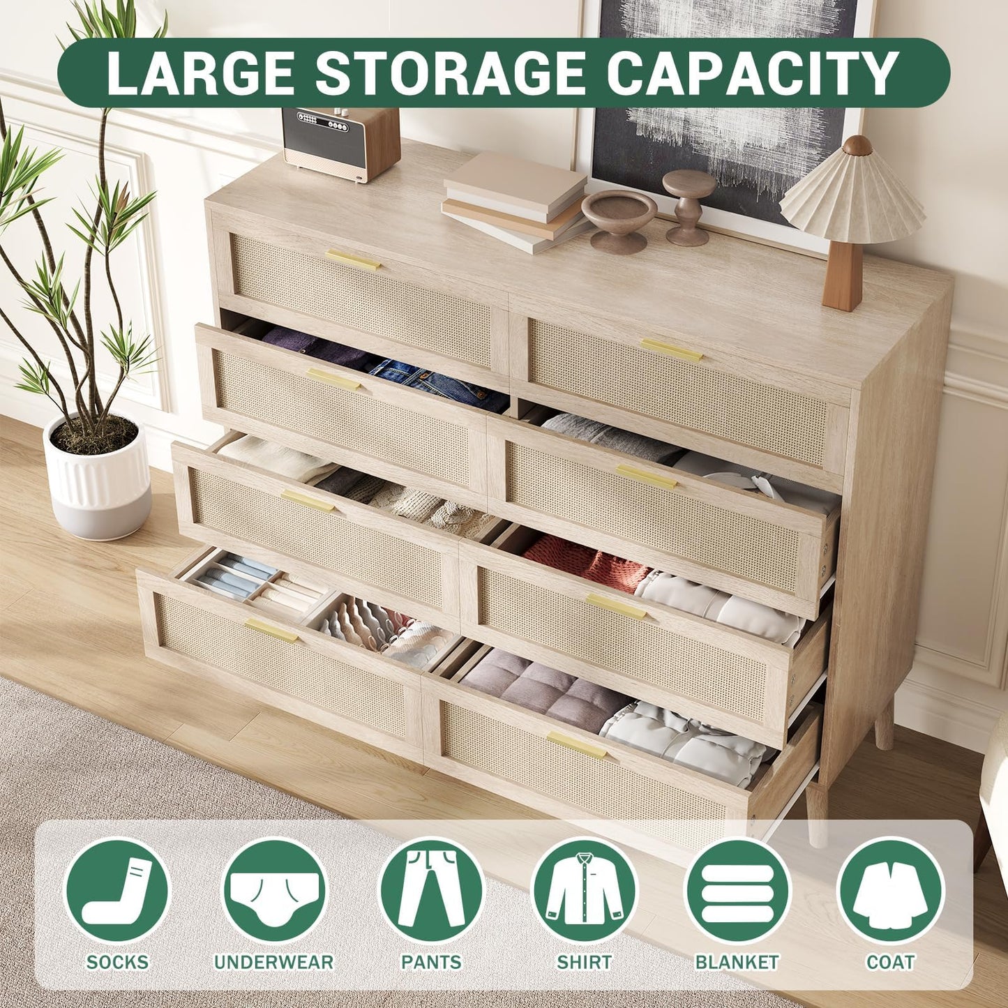 8 Drawer Rattan Dresser,47.2" x 15.7" x 37" Modern Chest of Drawers Beside Table,Mid Century Modern Dresser for Closet with Handles for Bedroom, Living Room,Hallway, Entryway