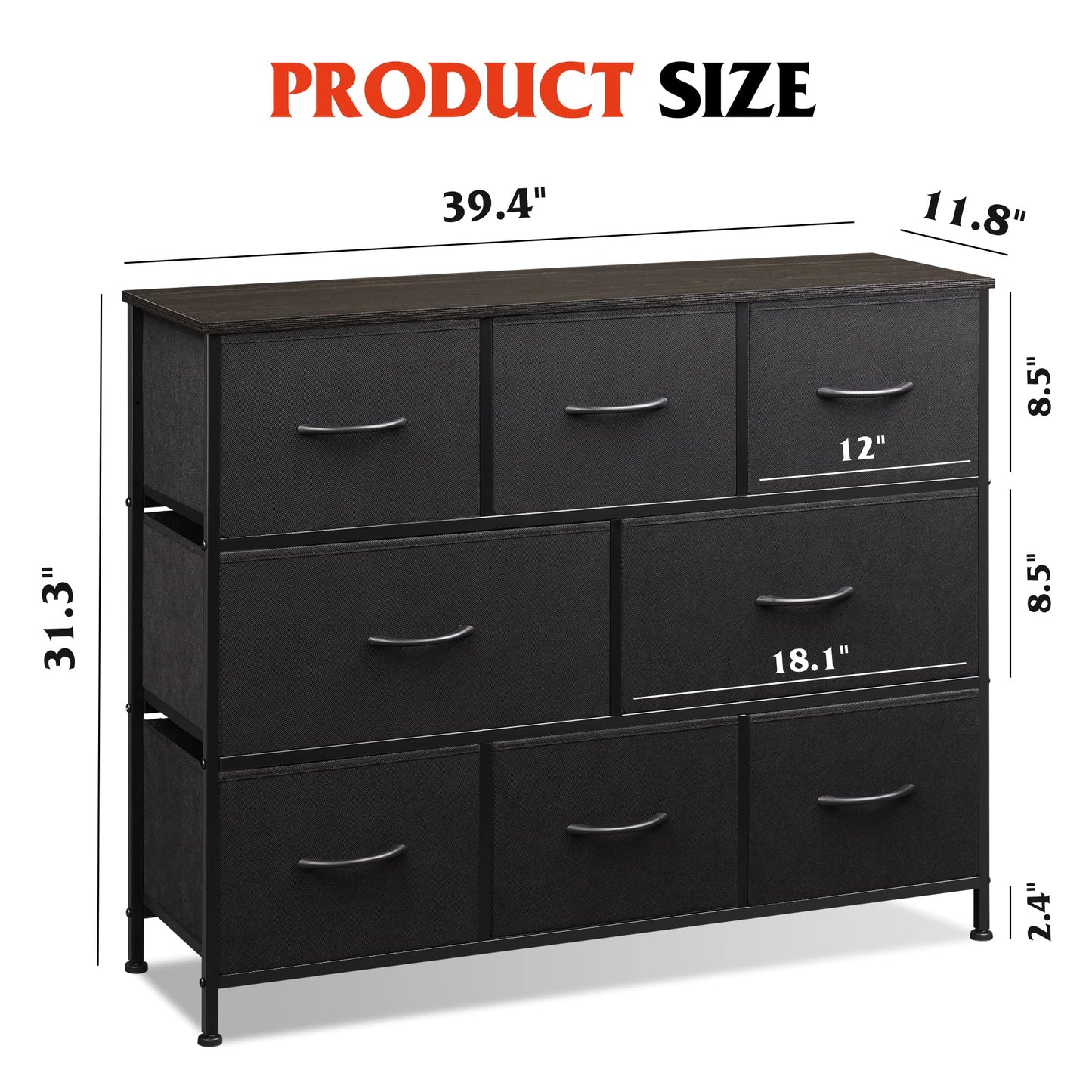 WLIVE 8 Drawer Dresser for Bedroom, Fabric Black Dresser with Large Storage Drawer Unit for Entryway, Chest of Drawers for Living Room