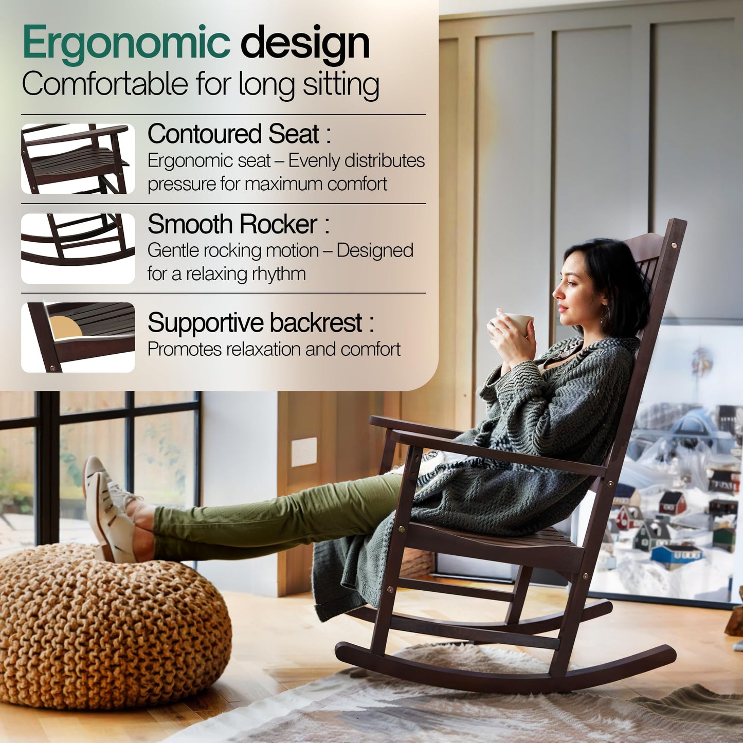 Tranquillo Oasis Wooden Rocking Chair for Patio, Porch, or Indoor Use – Classic Acacia Wood Rocker with Sturdy Frame, Comfortable Slatted Seat, Smooth Rocking Motion – Farmhouse Outdoor Chair