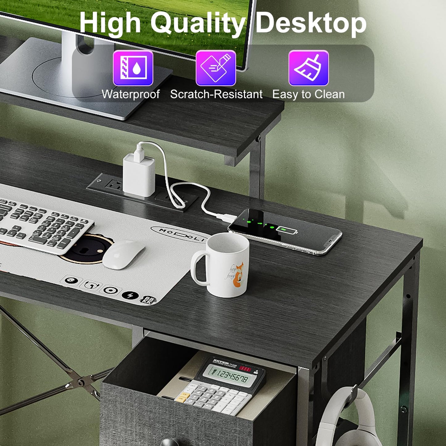 X-cosrack 33.5" Small Gaming Desk with LED Lights & Power Outlets, Compact Computer Desk with Monitor Stand & CPU Stand, Gamer Table with Storage Drawer, Side Hooks for Home Office, Bedroom, Black