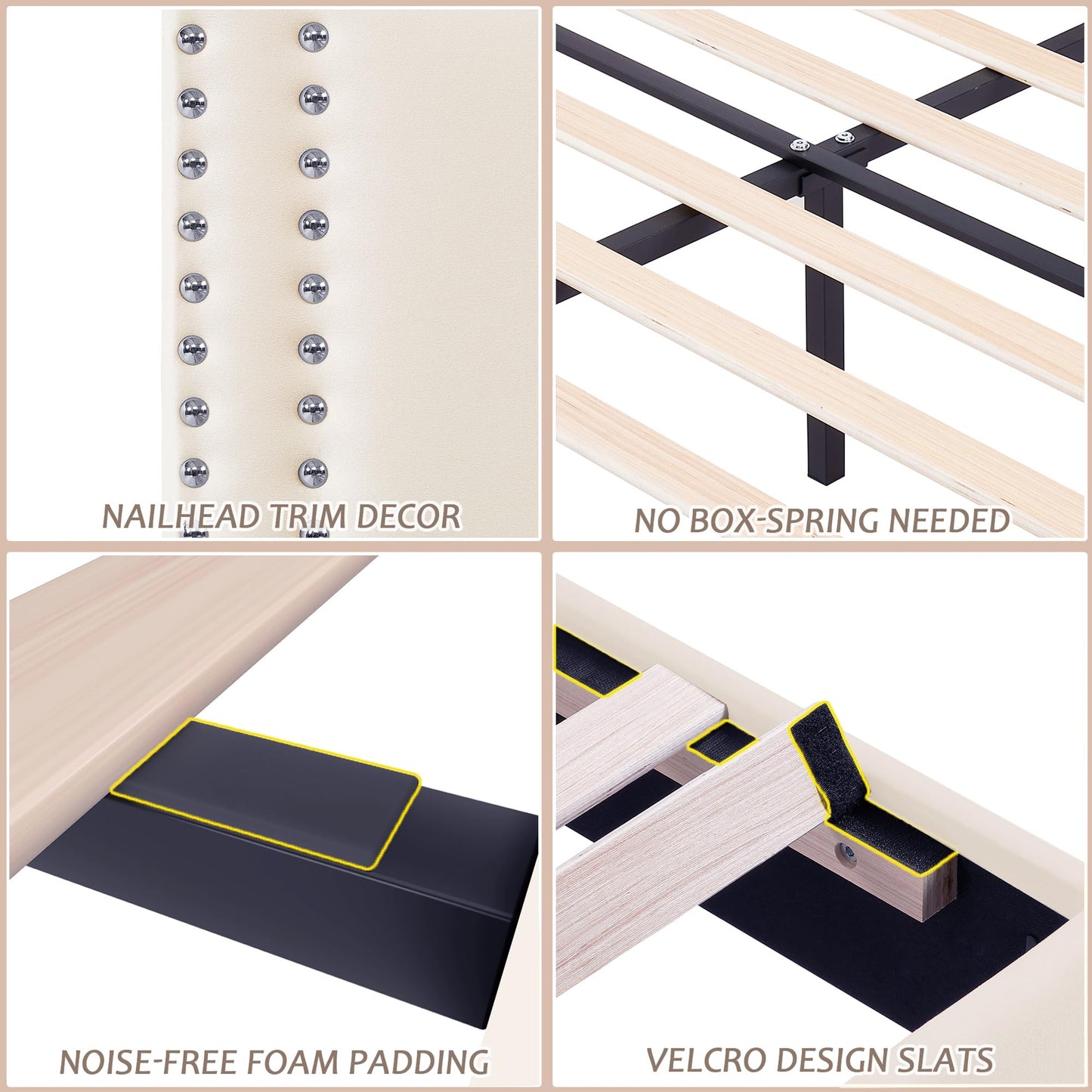 VECELO Twin Size Bed Frame with Adjustable Upholstered Headboard, Strong Wood Slats Platform Support, No Box Spring Needed, Easy Assembly