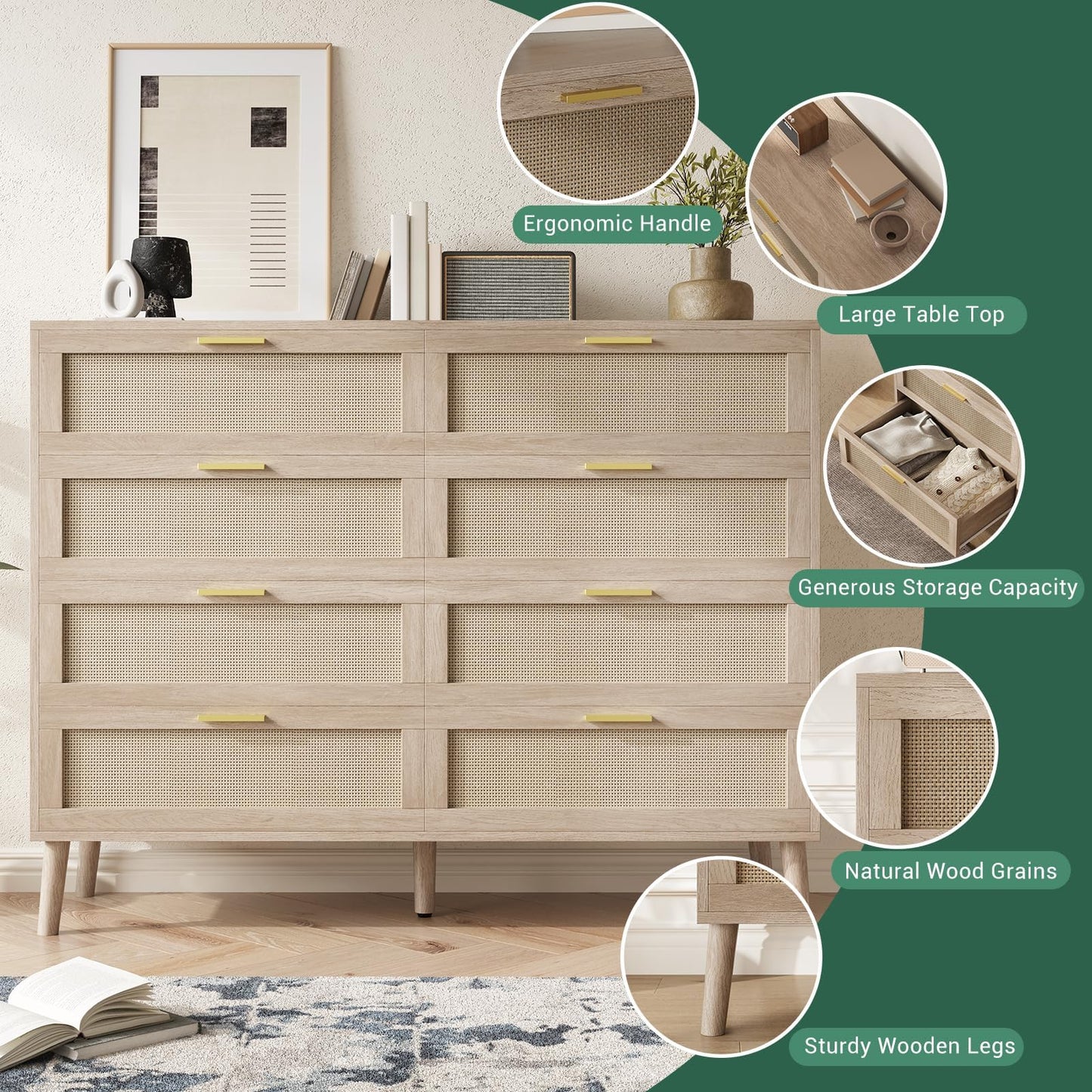 8 Drawer Rattan Dresser,47.2" x 15.7" x 37" Modern Chest of Drawers Beside Table,Mid Century Modern Dresser for Closet with Handles for Bedroom, Living Room,Hallway, Entryway