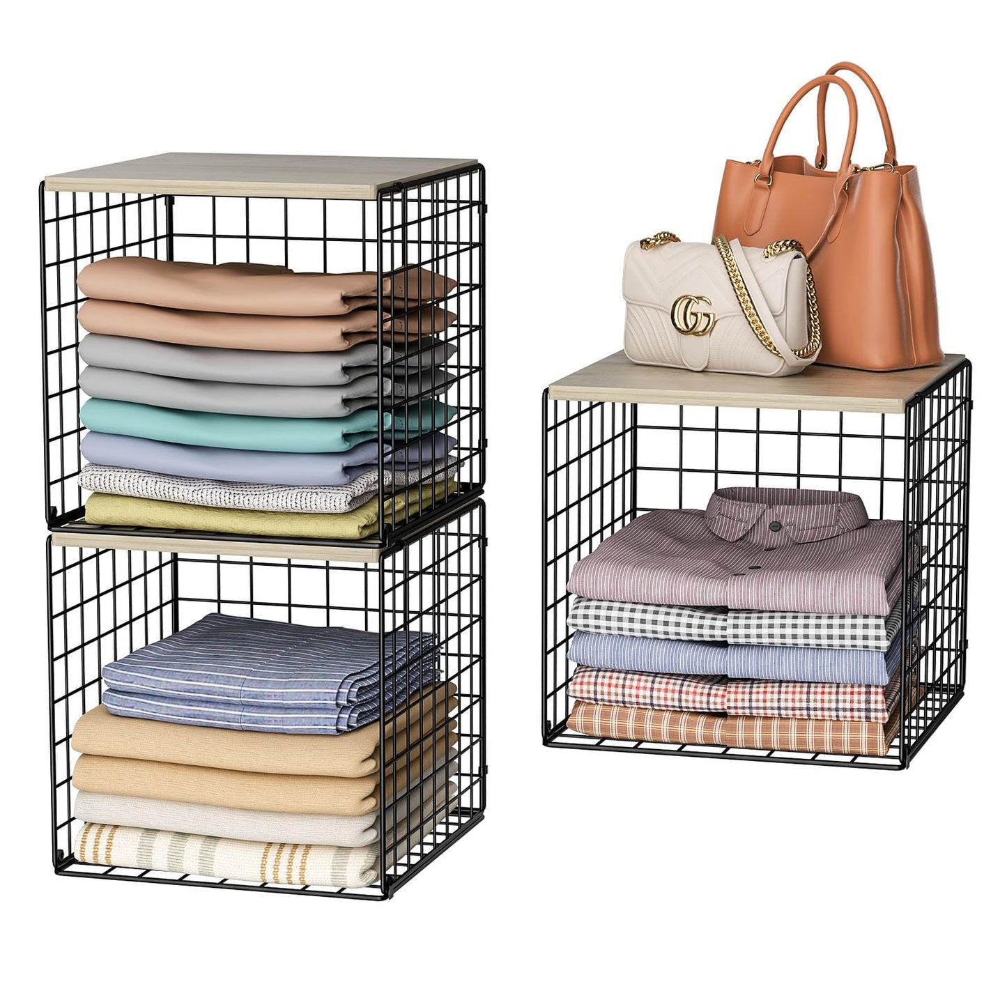 3PCS Stackable Closet Organizers and Storage, Shelves with Wood Top Extra Storage, Clothes Organizer Basket, Bin, or Tube for Wardrobe and Home Organization (Black-Sturdy Metal) Patent Pending