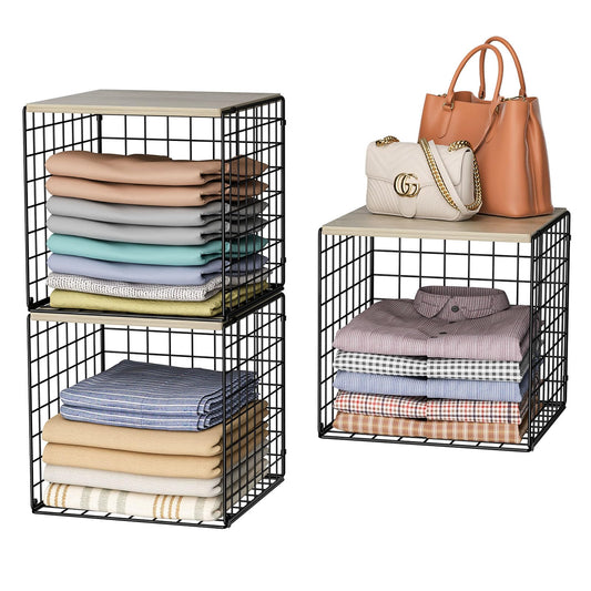 3PCS Stackable Closet Organizers and Storage, Shelves with Wood Top Extra Storage, Clothes Organizer Basket, Bin, or Tube for Wardrobe and Home Organization (Black-Sturdy Metal) Patent Pending