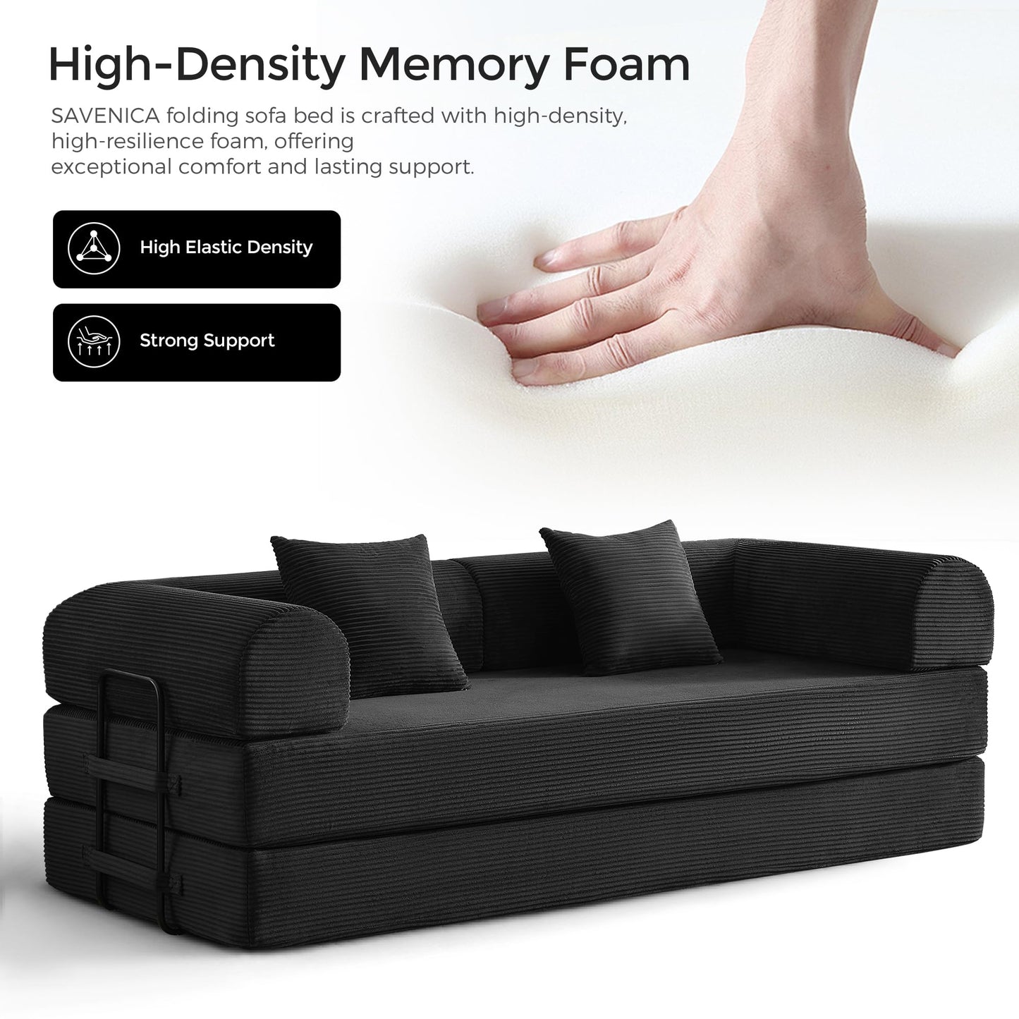 79" Convertible Sofa Bed with Fixed-Shape Frame & Removable Armrests, Modular Corduroy Sleeper Sofa, Folding Mattress Couch for Small Spaces - No Assembly Needed in Black (Includes 2 Pillows)