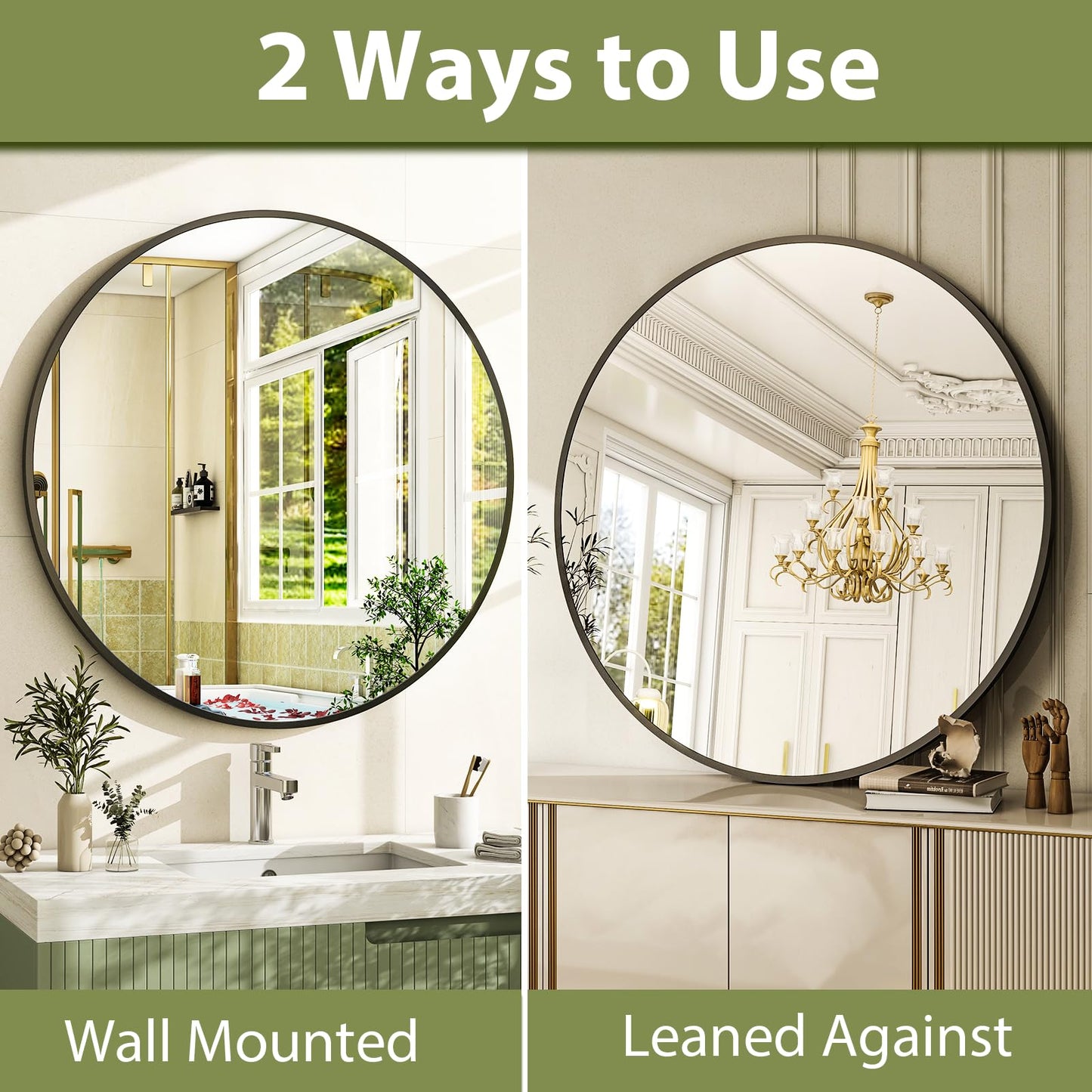 24 Inch Round Bathroom Mirror - Black Wall Mounted Circle Mirror with Metal Frame, Modern Round Hanging Mirror Suitable for Bathroom, Vanity, Entryway, Living Room