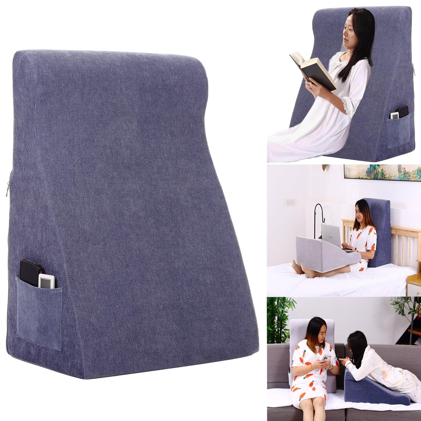 wuFQecht Bed Reading Pillow - Sofa Bed Wedge Pillow - Post-Op Recovery Backrest Pillow - Working Lumbar Support Reading Pillow with Removable Pillowcase Dark Blue 27x20x12in