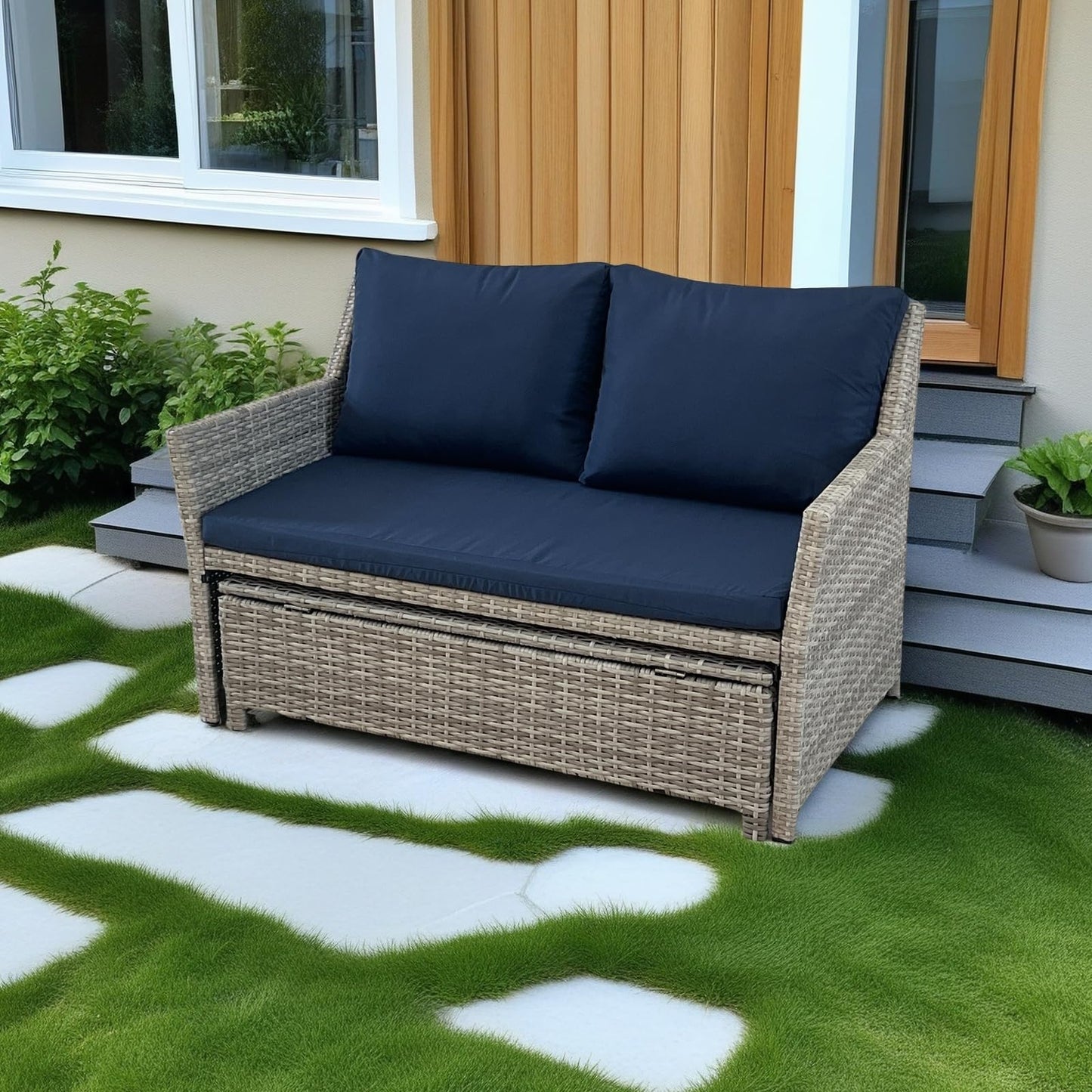 2 Piece Patio Sofa, Outdoor Patio Loveseat with Built-in Storage Bin, Wicker Couch with Coffee Table, for Balcony,Porch,Pool (Grey-Blue)