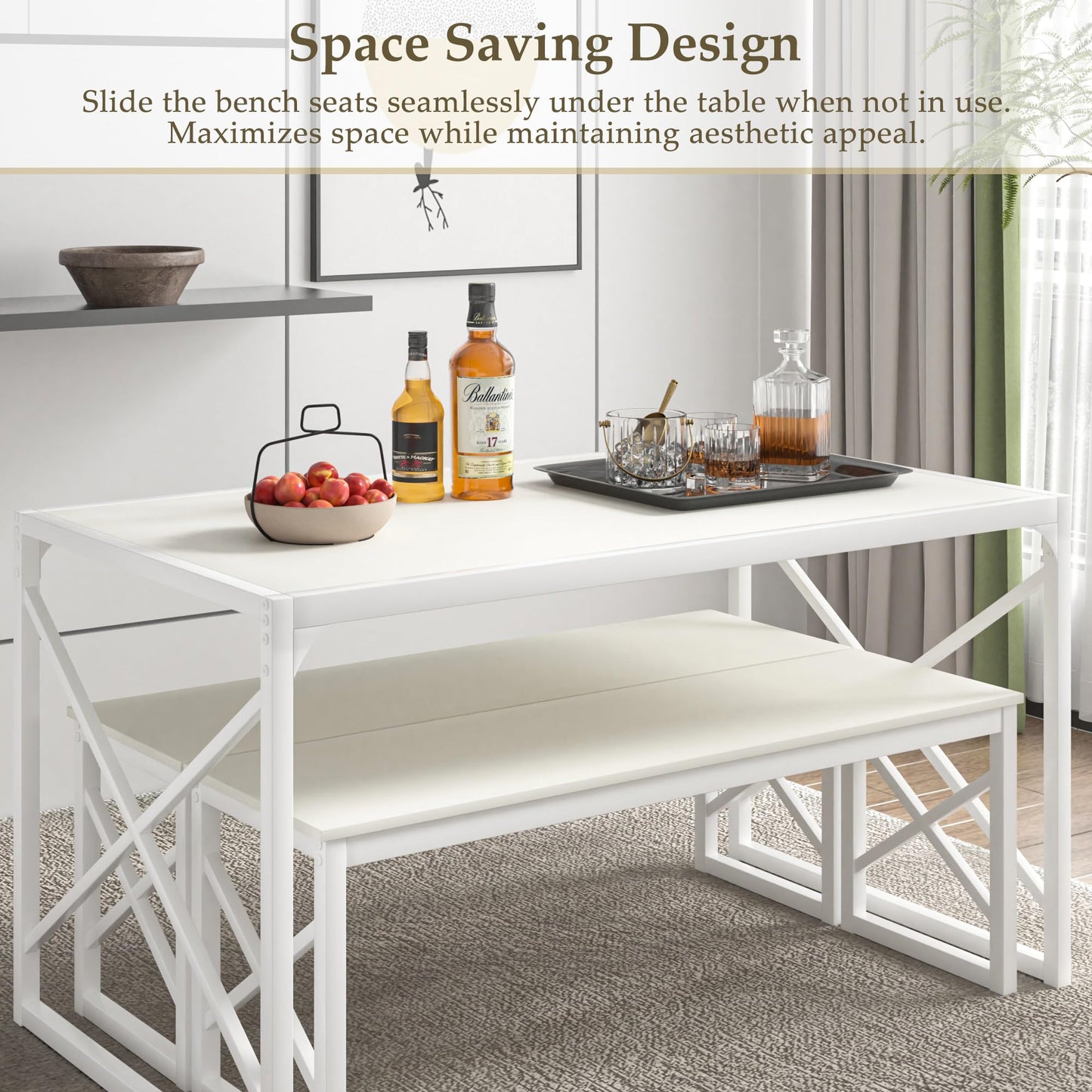 VECELO Kitchen Dining Table Set for 4, 55" Wood Rectangle Dinette with 2 Benches, Heavy-Duty Metal Frame for Small Space, Breakfast Nook, White