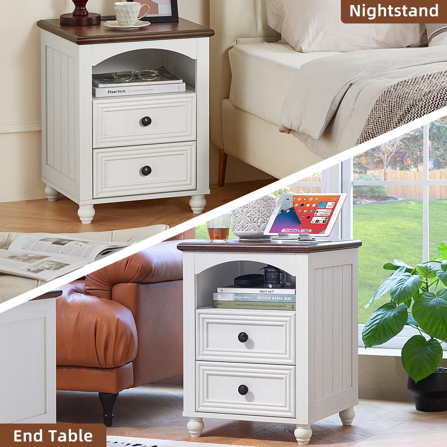 18" Farmhouse Night Stands Set of 2 with Charging Station, Wooden Nightstand with 2 Drawers, Bedside End Table with Storage, Bed Side Tables Cabinet for Bedroom, Living Room, and Closet(White)