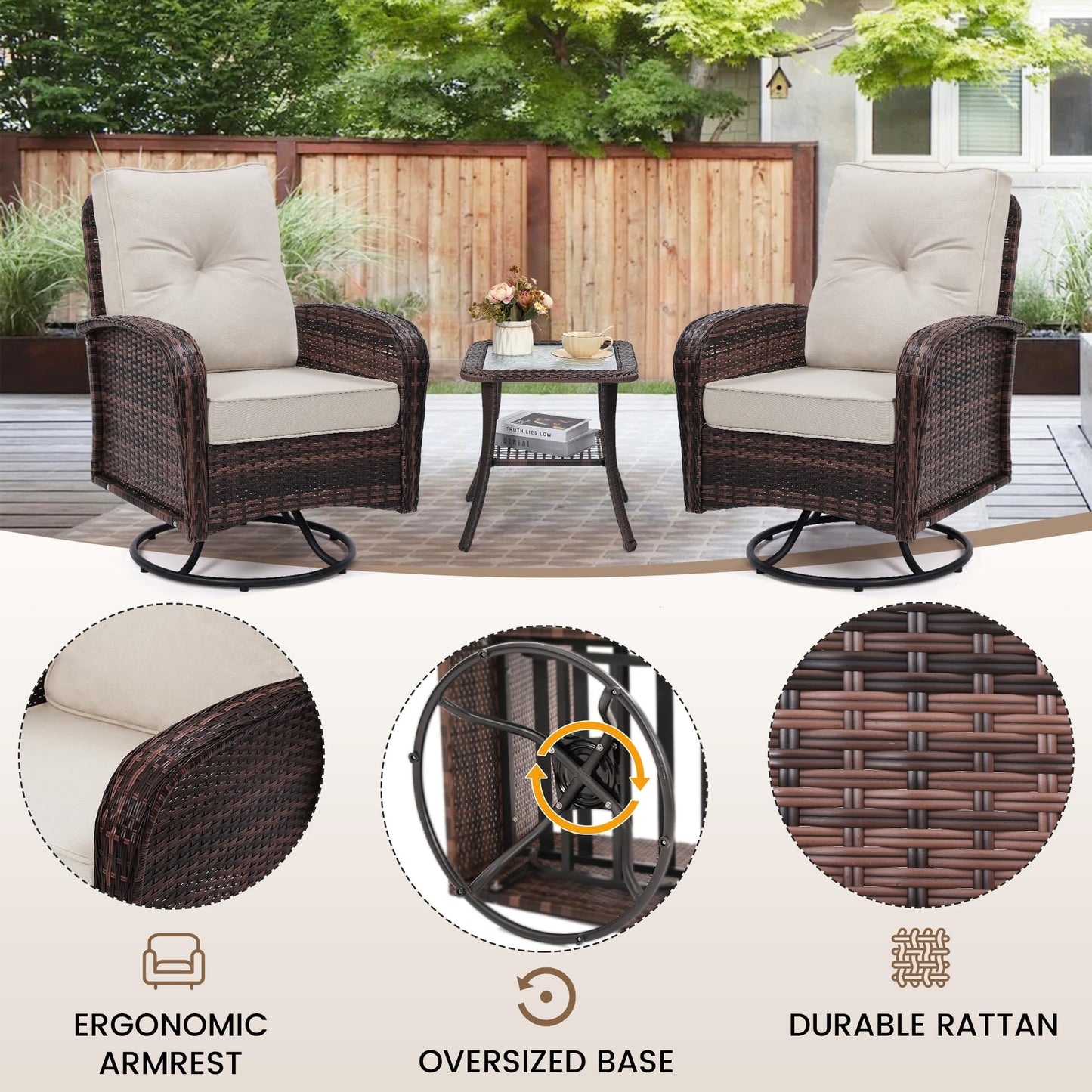 wildformers 2 Luxury Outdoor Swivel Wicker Glider Patio Chairs with Table Set, Overstuffed Washable Cushions, Ideal for Porch, Balcony, Deck, Brown Rattan and Beige Cushions
