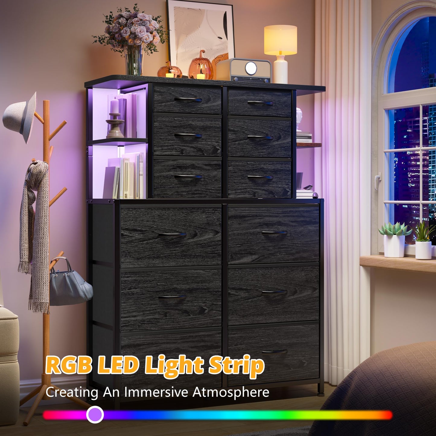 EnHomee Tall Dressers for Bedroom with LED Lights and 12 Drawers Dresser for Bedroom with Open Shelves, Fabric Dressers & Chests of Drawers, Metal Frame, Black, 45.2" H x 35.4" W x 11.8" D