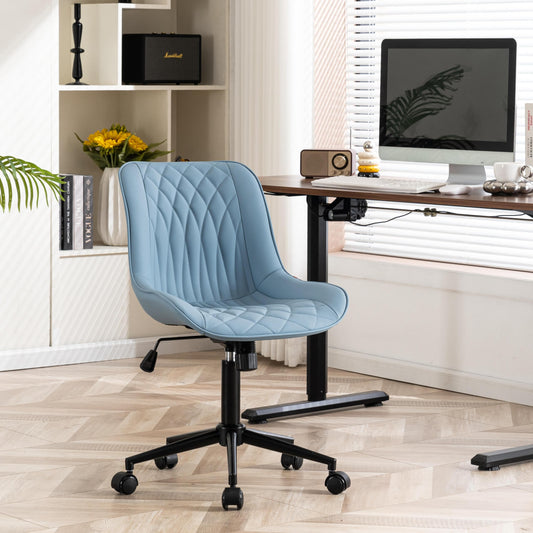 YOUNIKE Blue Ergonomic Home Office Desk Chair No Arms Comfy Small Criss Cross Chair with Wheels Swivel Adjustable Modern Vanity Chair with Back Armless Cute Leather Upholstered Rolling Task Chair