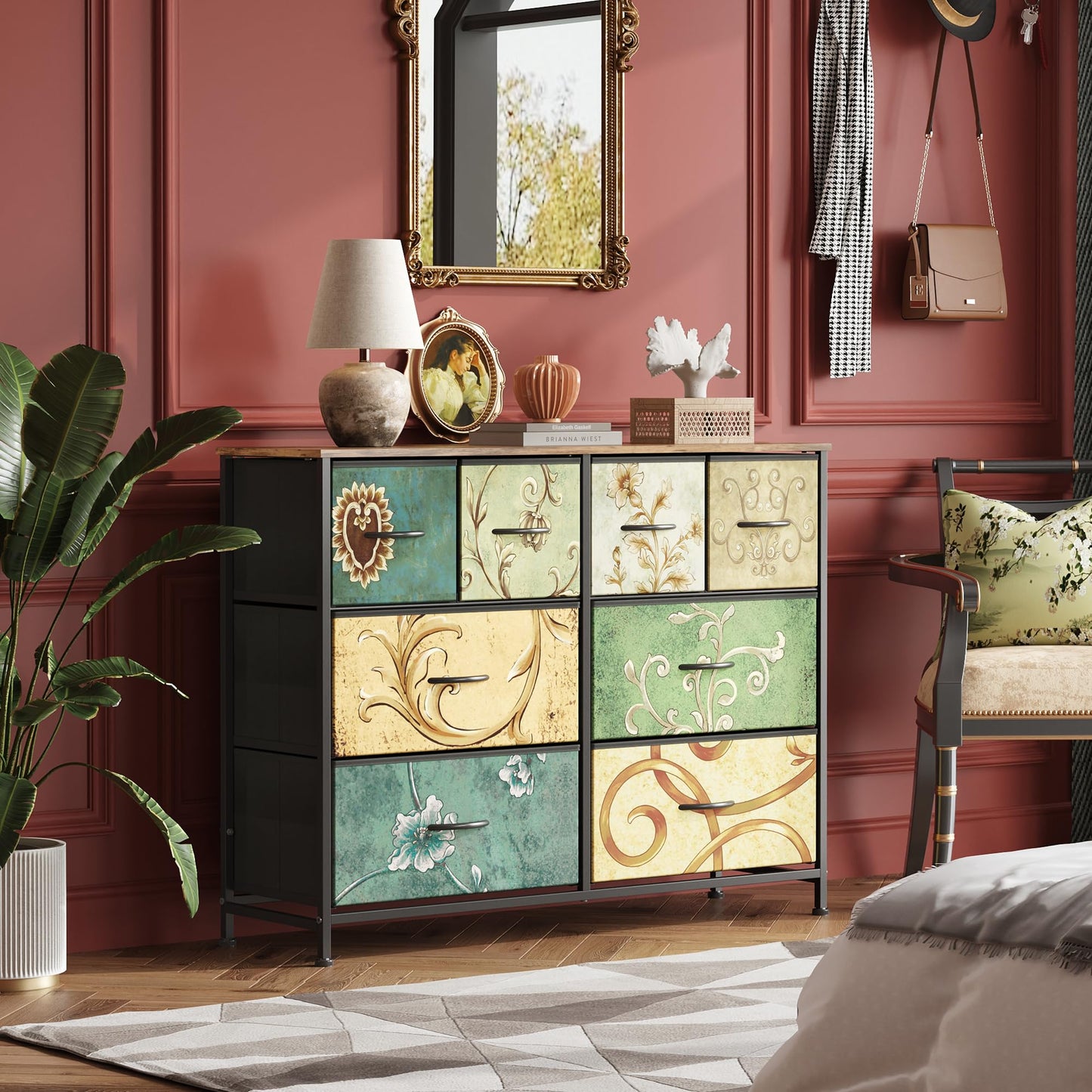 WLIVE 8 Drawer Dresser for Bedroom, Wide Fabric Dresser Storage Organizer, Chest of Drawers with Wood Top, Sturdy Steel Frame, Dressers for Living Room, Closet, Hallway, Floral Painted