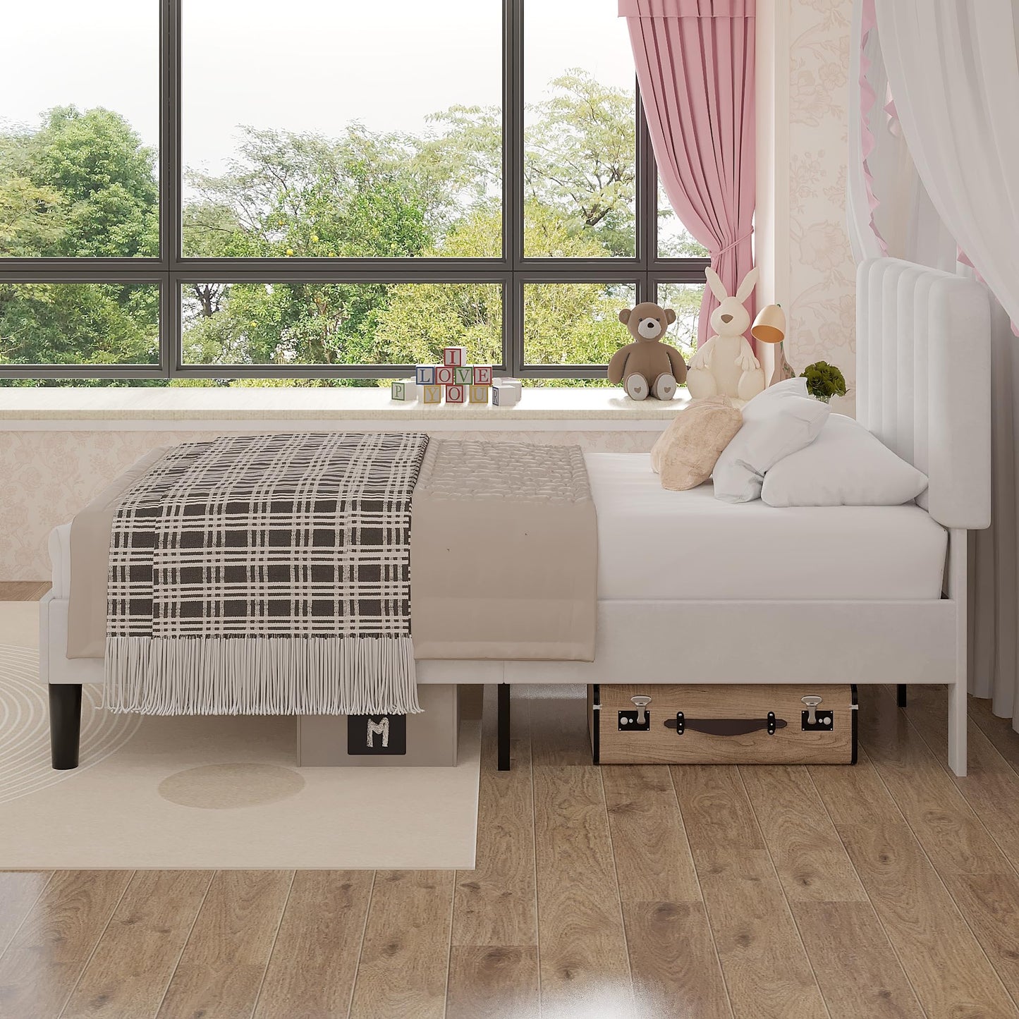 VECELO Twin Size Bed Frame with Upholstered Headboard, Velvet Platform Bedframe Mattress Foundation, Strong Wood Slat Support, No Box Spring Needed,White