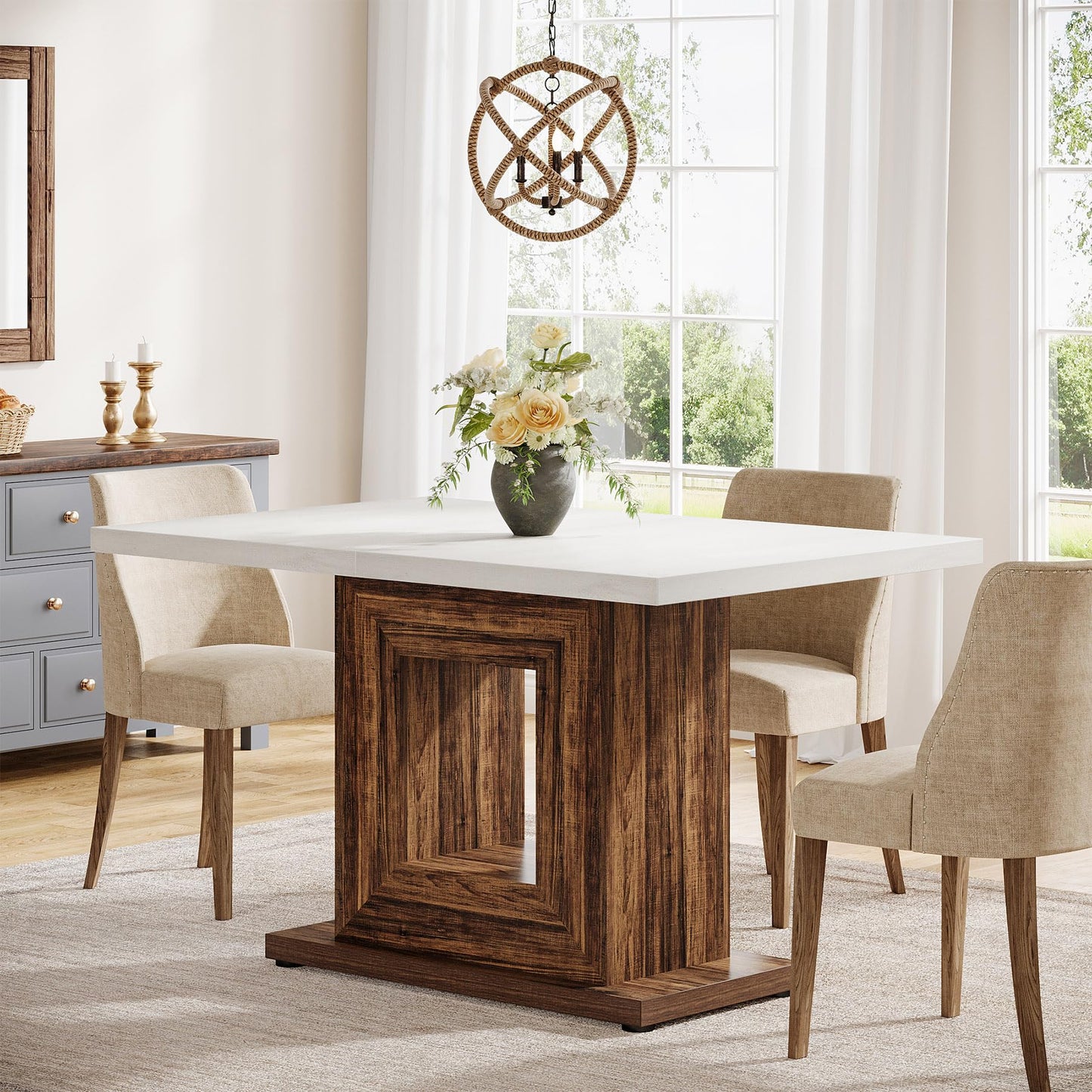 Tribesigns 47-Inch Farmhouse Dining Table for 4, White Kitchen Dinner Table with Heavy Duty Pedestal, Rustic Wooden Eating Table for Home, Dining Room, Small Space, White & Brown