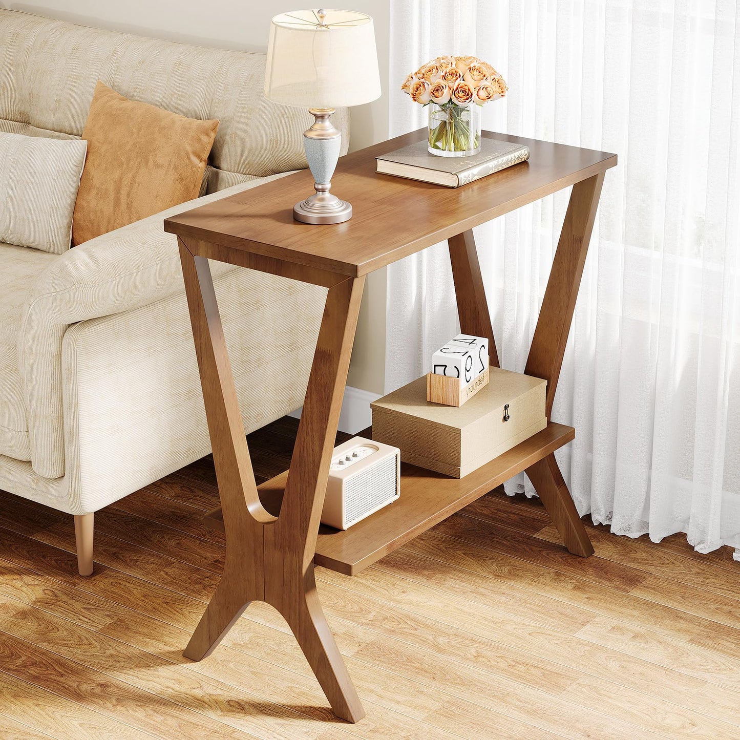 TRIBEWOOD Solid Wood End Table Set of 2, 2-Tier Storage Shelves Sofa Couch Side Table with Sturdy Legs, Wooden Narrow Retro Nightstand for Small Spaces, Bedroom, Living Room, Apartment, Vintage Brown