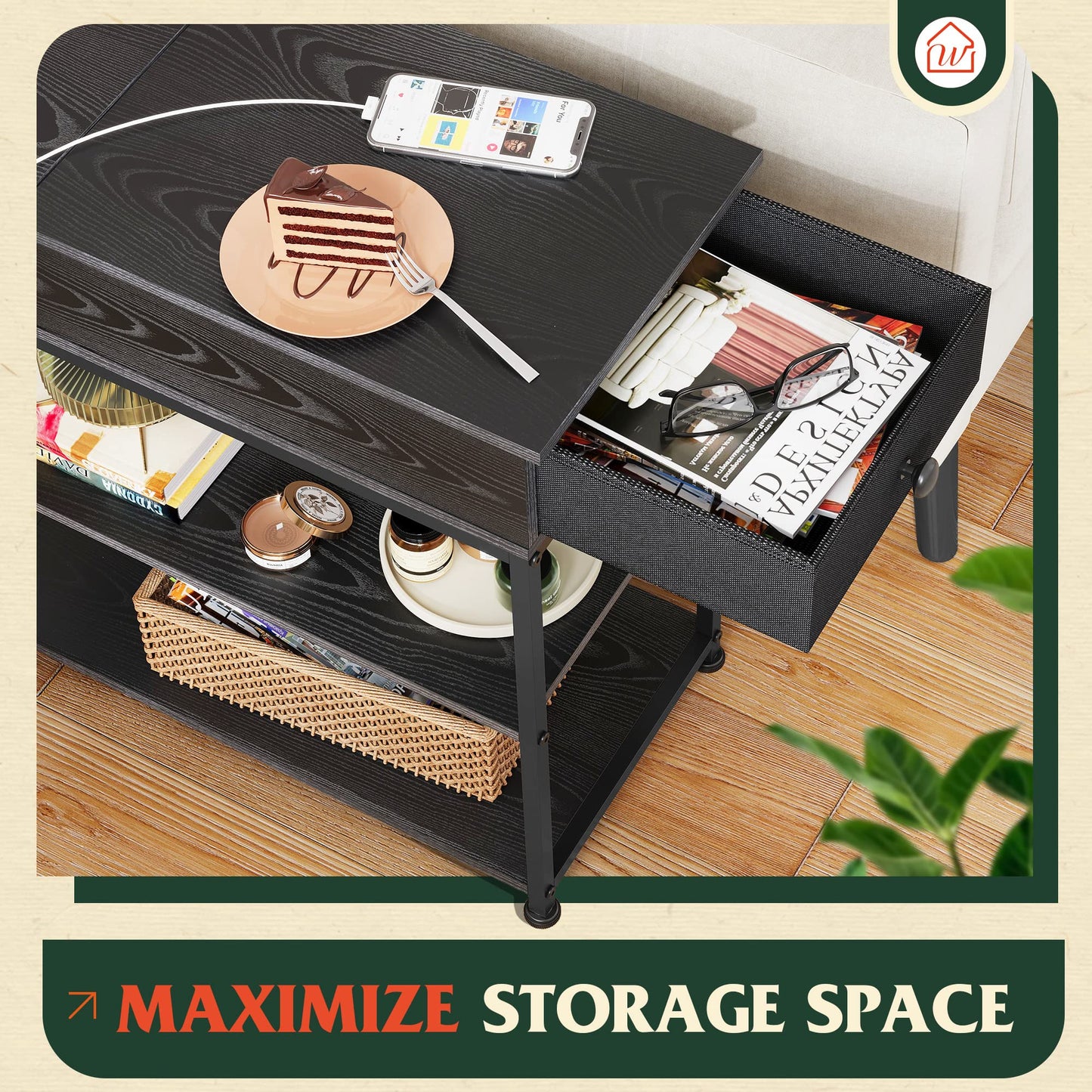 WLIVE Narrow Side Table with 2 USB Ports and 2 Outlets, Flip Top End Table with Drawer and Storage Shelves, End Stand with Charging Station for Living Room, Bedroom, Small Spaces,Black