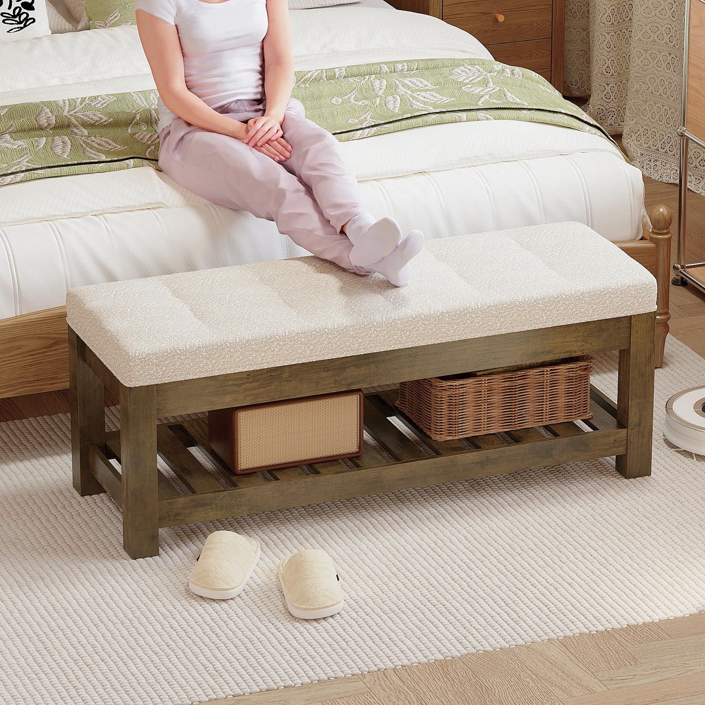 Welfuturer Large Upholstered Ottoman Bench Entryway Storage Benches Tufted Linen Ottoman Bench with Solid Wood Shelf Padded End of Bed Bench for Bedroom Living Room Hallway Decor