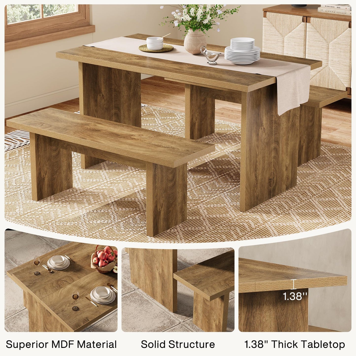 Tribesigns 3 Pieces Dining Table Set with 2 Benches, 55" Farmhouse Kitchen Table Set for 4-6, Rectangular Wooden Heavy Duty Dinette for Kitchen, Dining Room, Brown