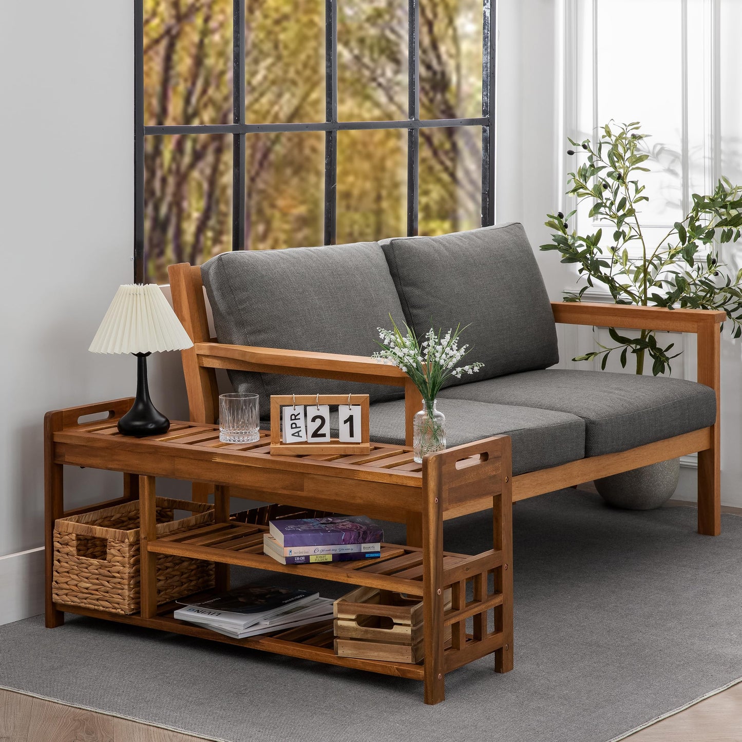 VICTORY RELAX Wooden Shoe Storage with Bench Seat - Natural Acacia Wood Entryway Organizer with Cushioned Top & Easy-Move Handles - Multi-Level Shoe Shelf (39.4 x 11.6X 19.29)