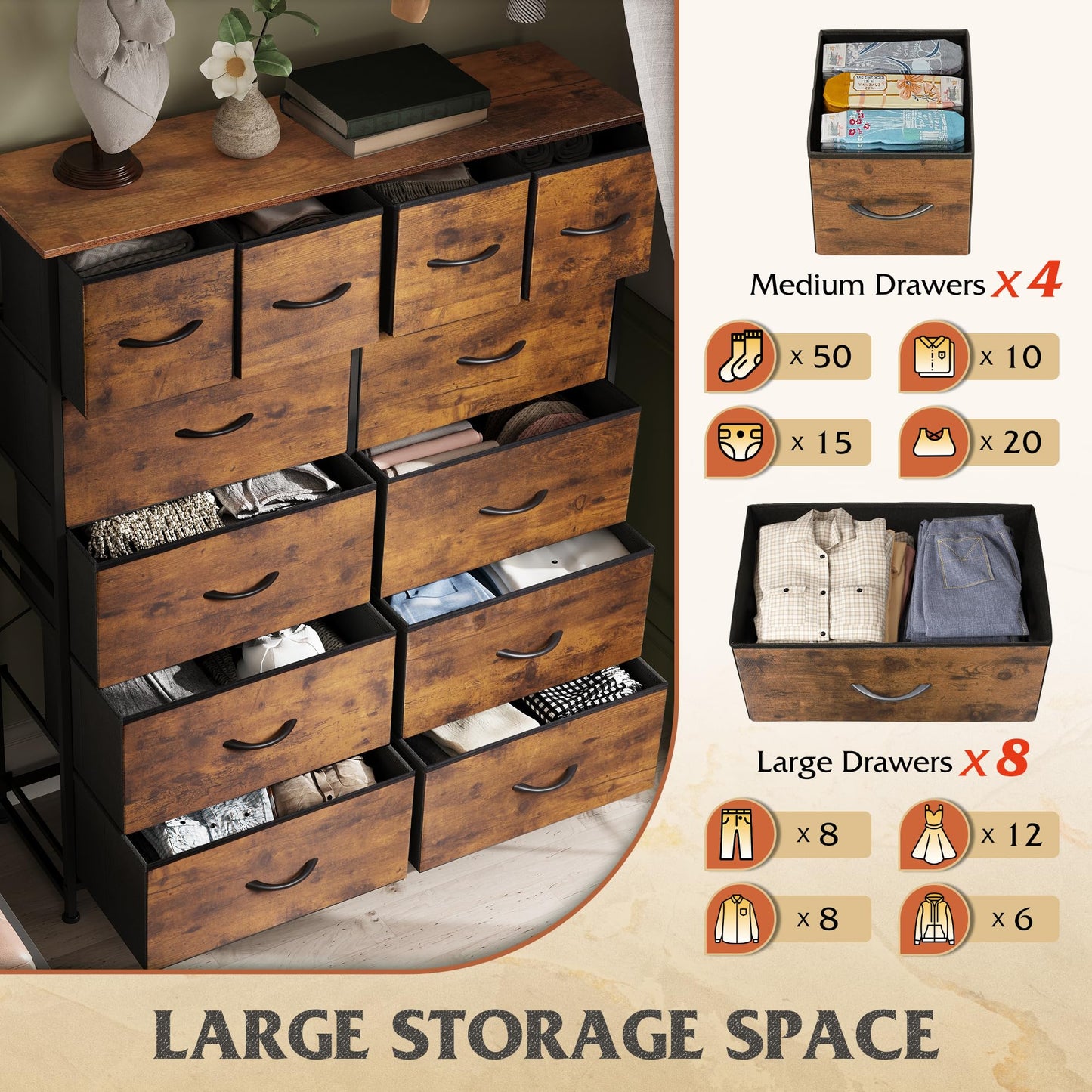 WLIVE Tall Dresser for Bedroom with 12 Drawers, Chests of Drawers, Fabric Dresser for Bedroom, Closet, Fabric Storage Dressers with Drawers, Steel Frame, Rustic Brown Wood Grain Print
