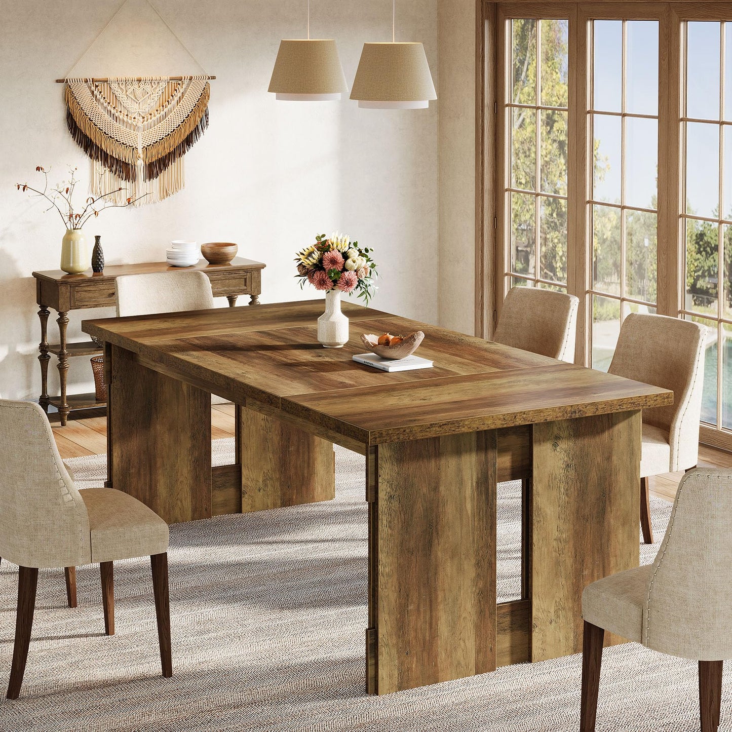 Tribesigns 63-Inch Farmhouse Dining Table for 4-6, Rectangular Kitchen Dinner Table with Large Tabletop for Dining Room, Living Room, Kitchen, Rustic Brown