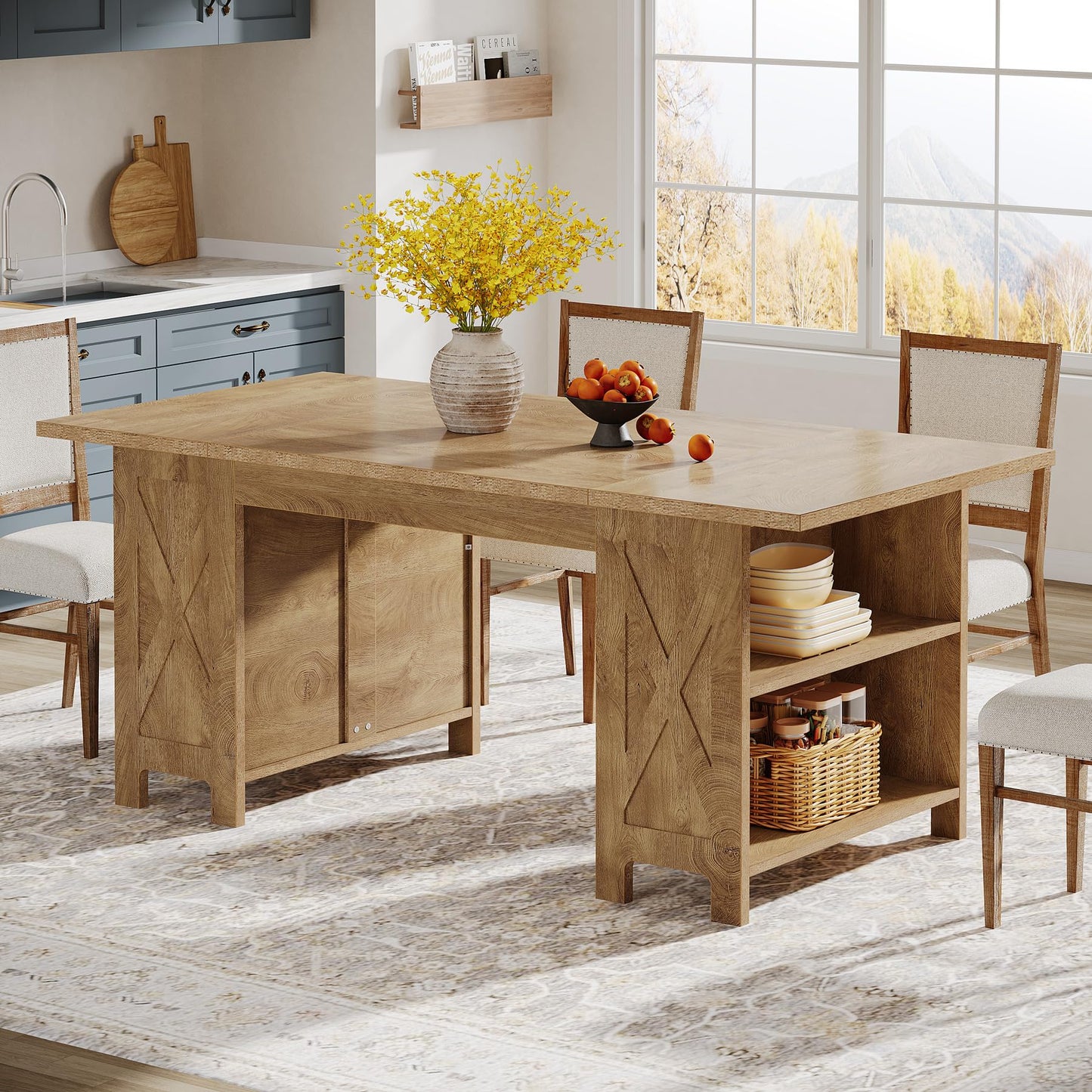 Tribesigns 63" Farmhouse Dining Table with Storage, Rectangular Wooden Kitchen Dinner Table for Dining Room, Living Room, Fit for 2-4 People, Rustic Brown